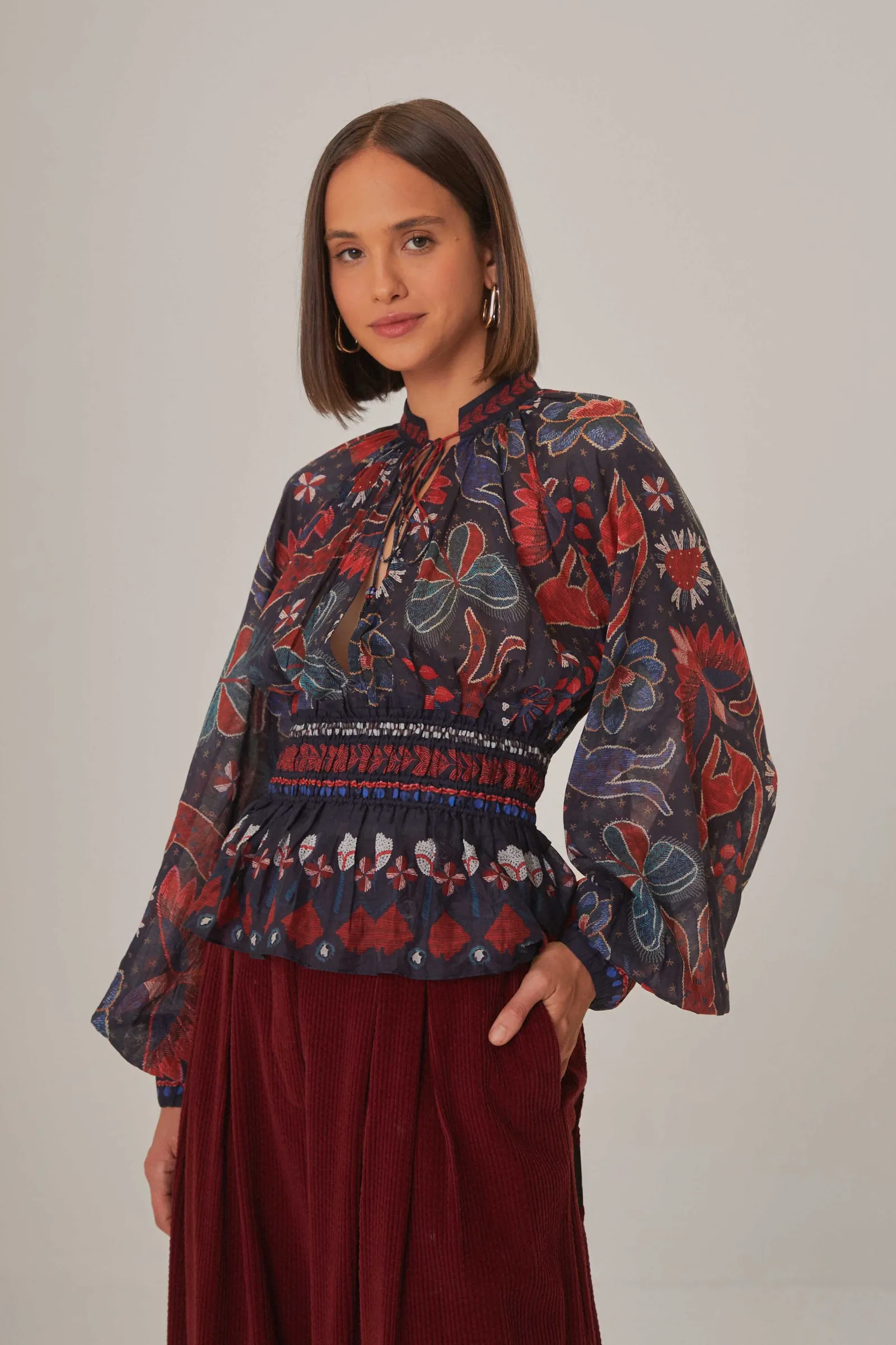  DARK BLUE TROPICAL SHINE V NECK BLOUSE