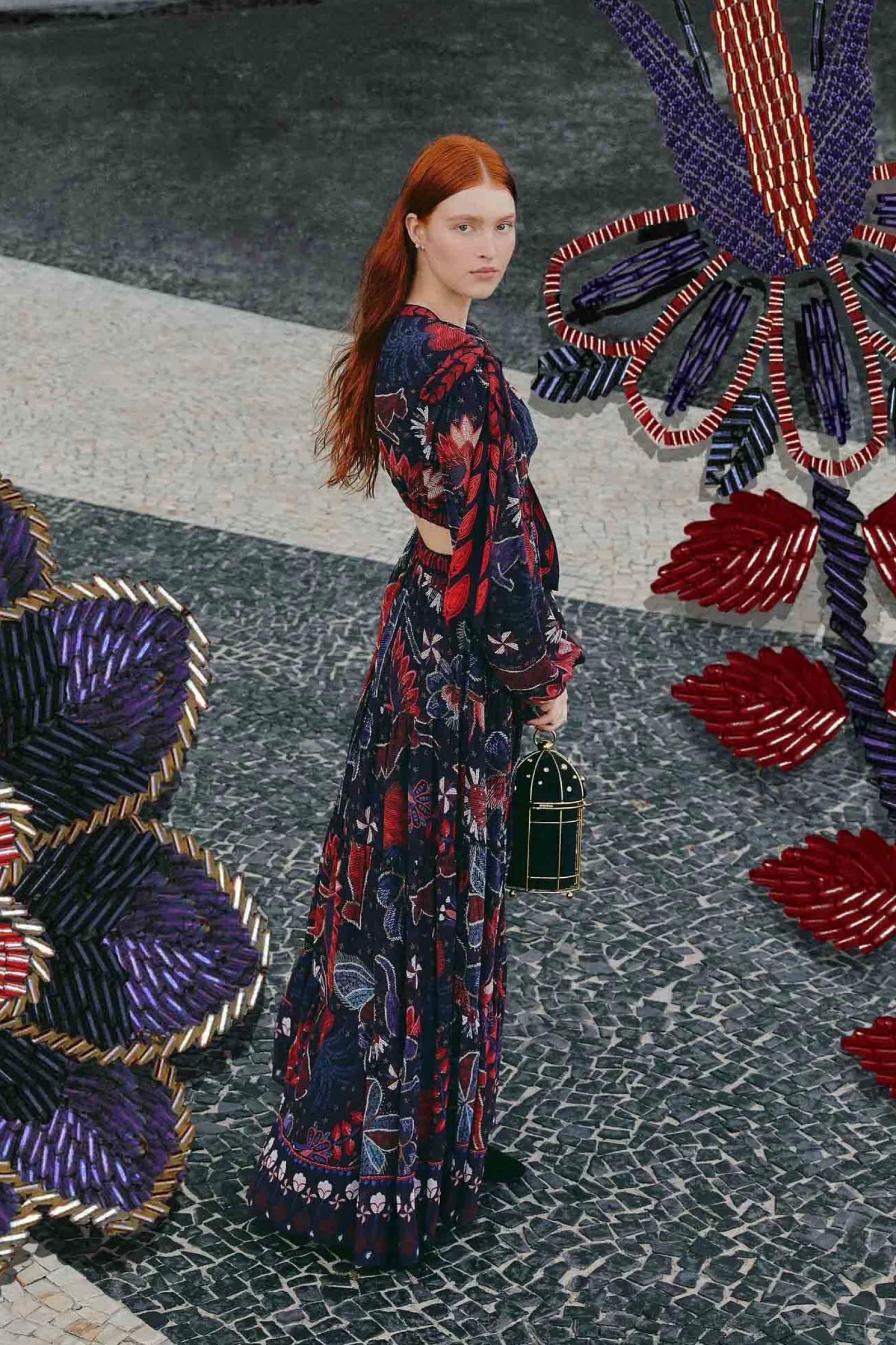 DARK BLUE TROPICAL SHINE CUT OUT MAXI DRESS