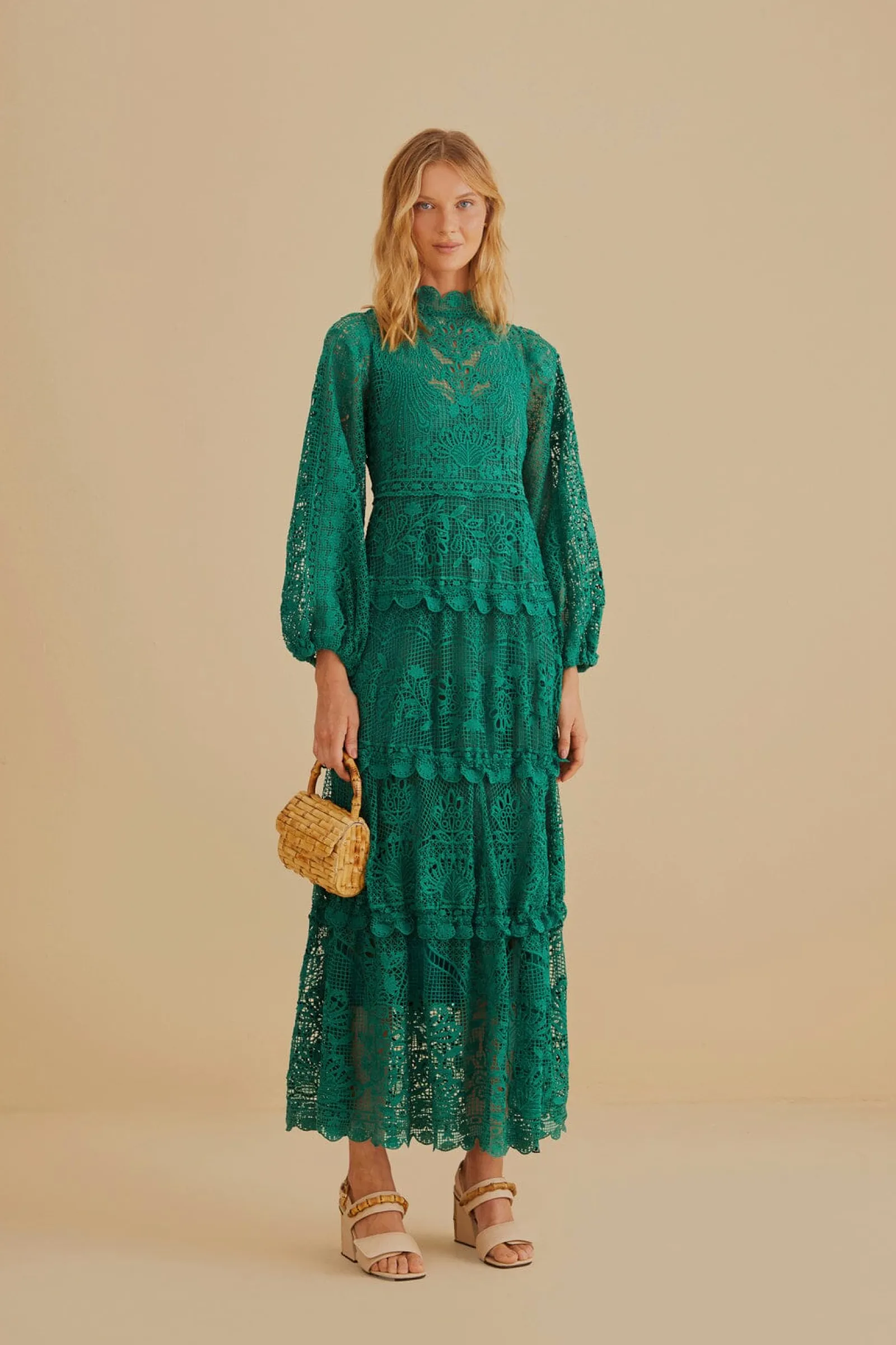 DARK GREEN GUIPURE LONG SLEEVE MAXI DRESS