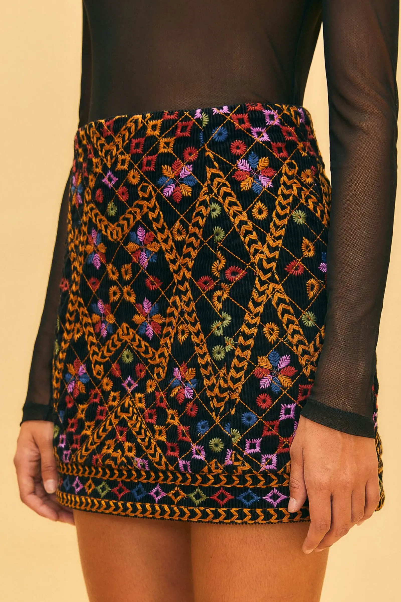 EMBROIDERED CORDUROY MINI SKIRT