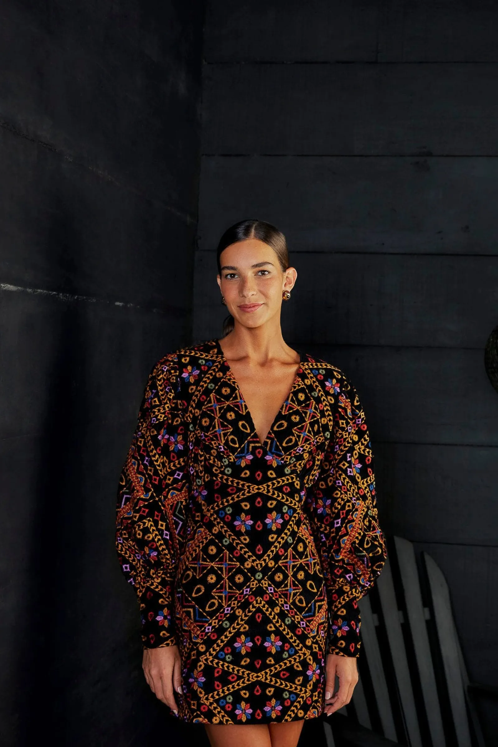 EMBROIDERED CORDUROY PUFF SLEEVE MINI DRESS