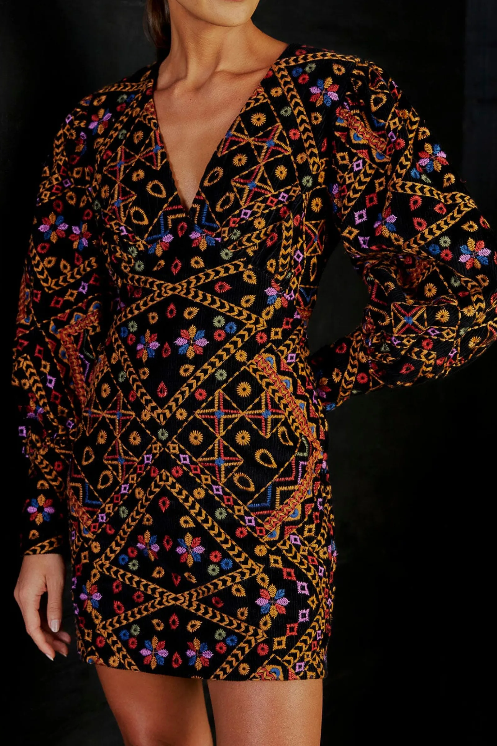 EMBROIDERED CORDUROY PUFF SLEEVE MINI DRESS