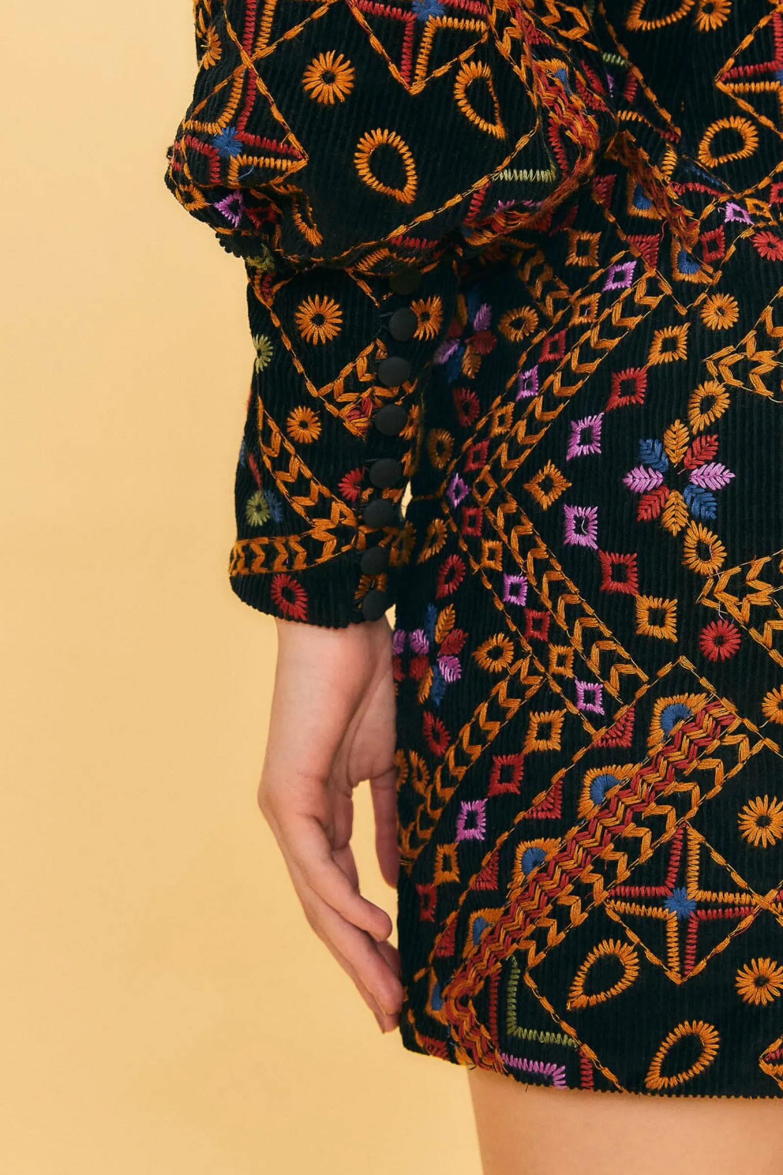 EMBROIDERED CORDUROY PUFF SLEEVE MINI DRESS