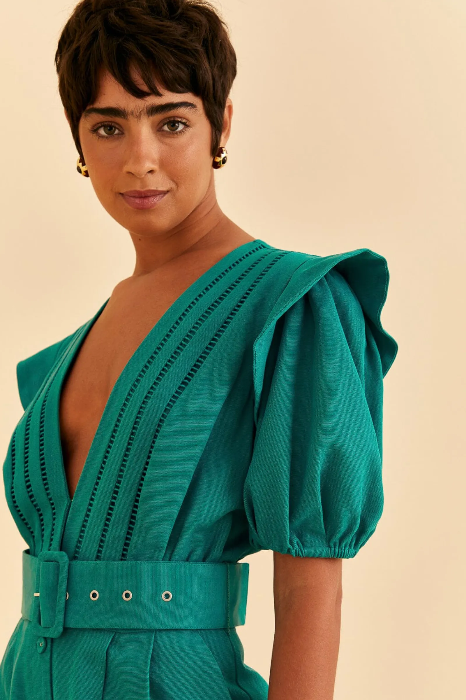 EMERALD PLEATED SHORT SLEEVE JUMPSUIT