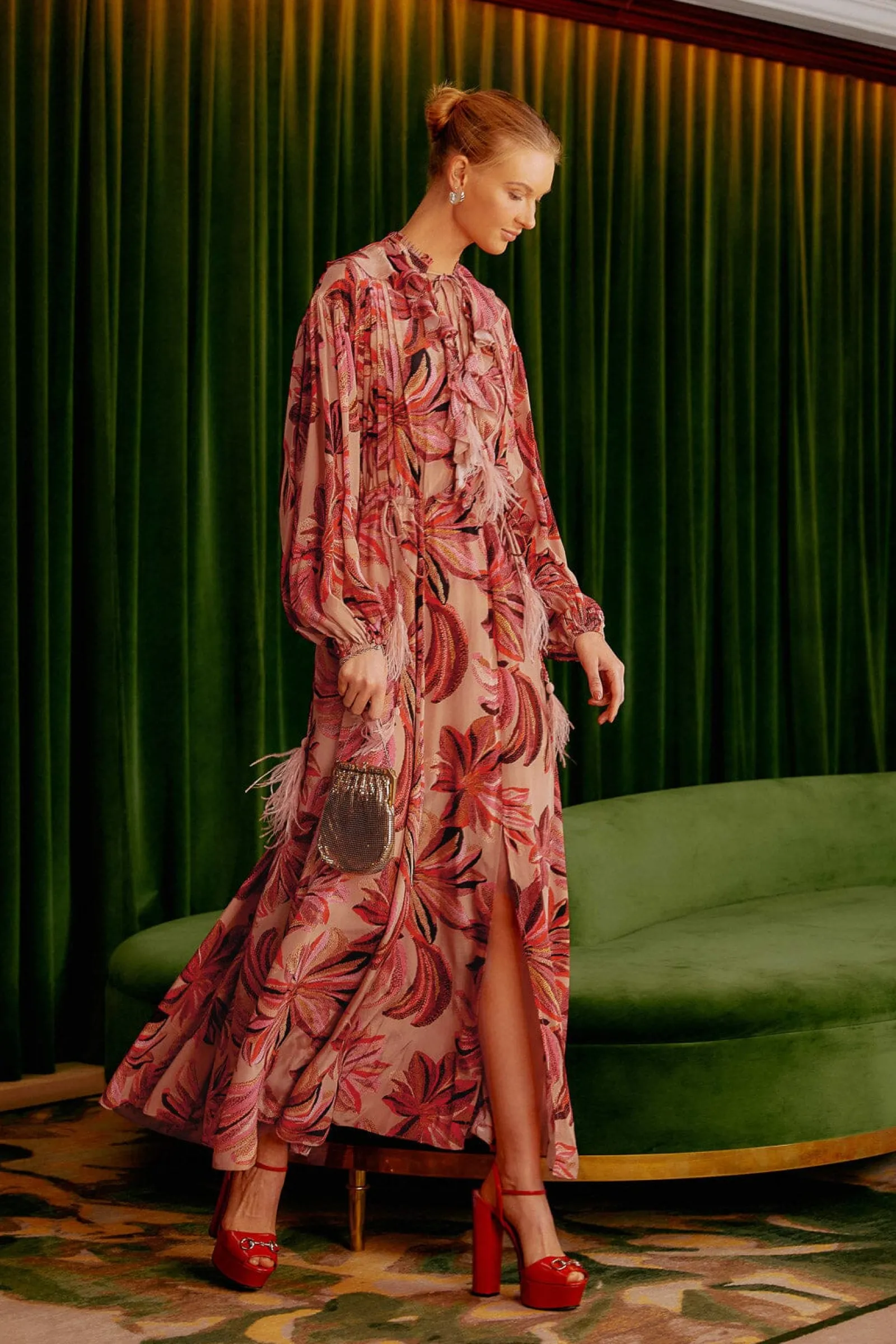 FLORAL TAPESTRY V NECK MAXI DRESS