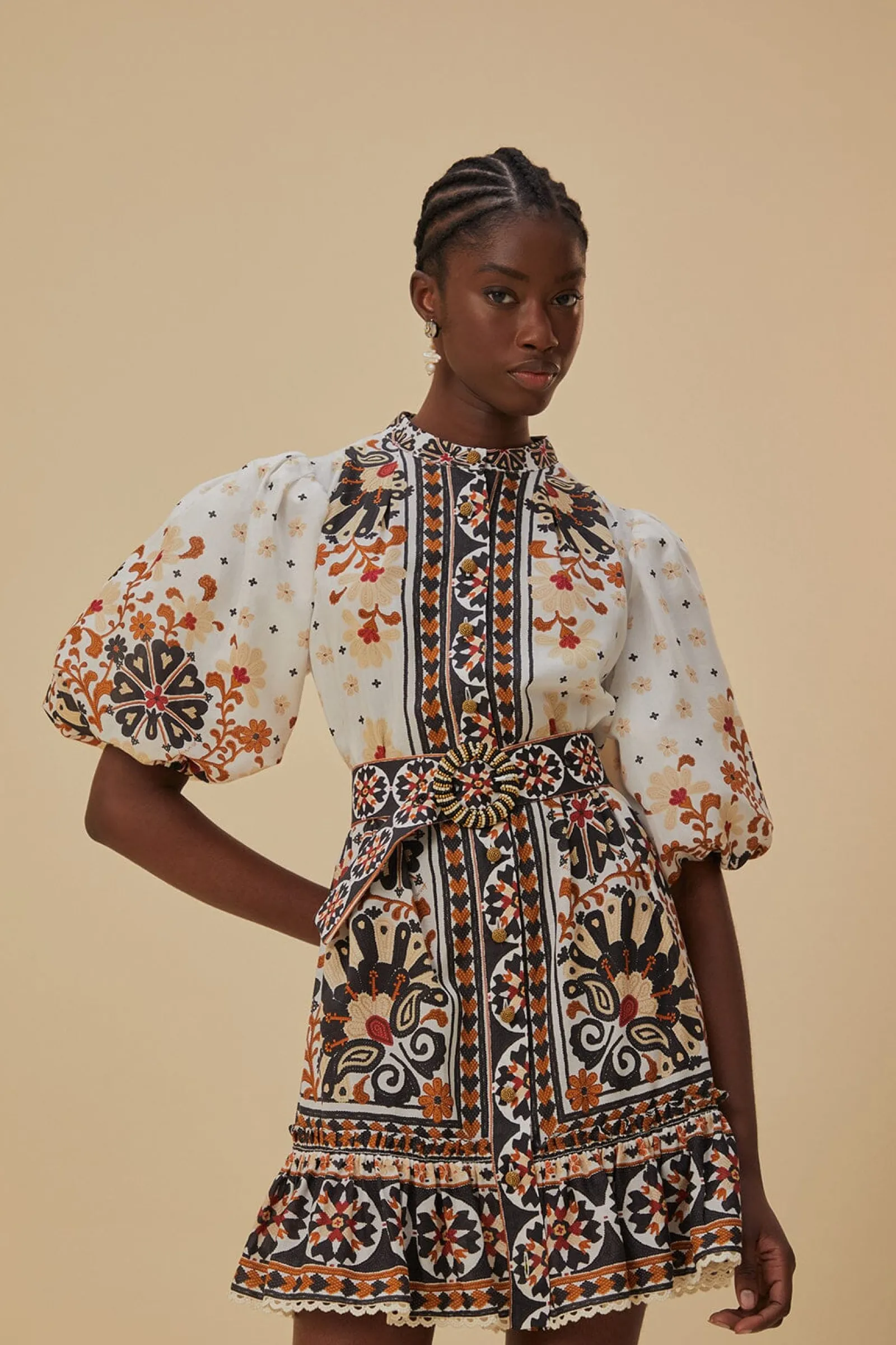  FLOWER FAN TAPESTRY OFF-WHITE MINI DRESS