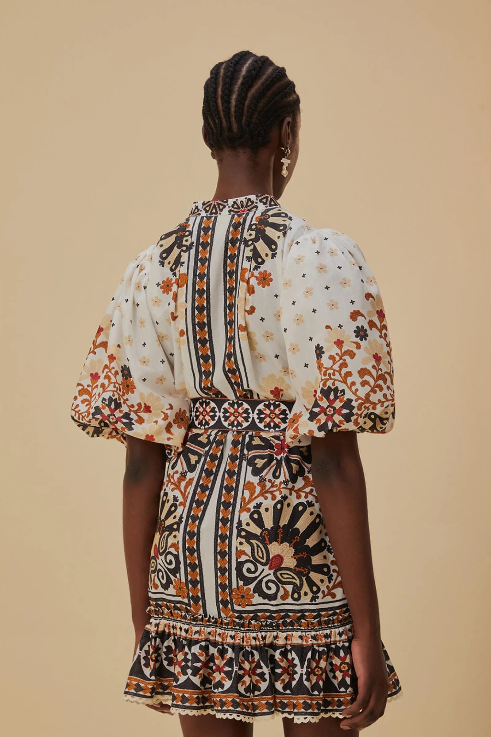 FLOWER FAN TAPESTRY OFF-WHITE MINI DRESS