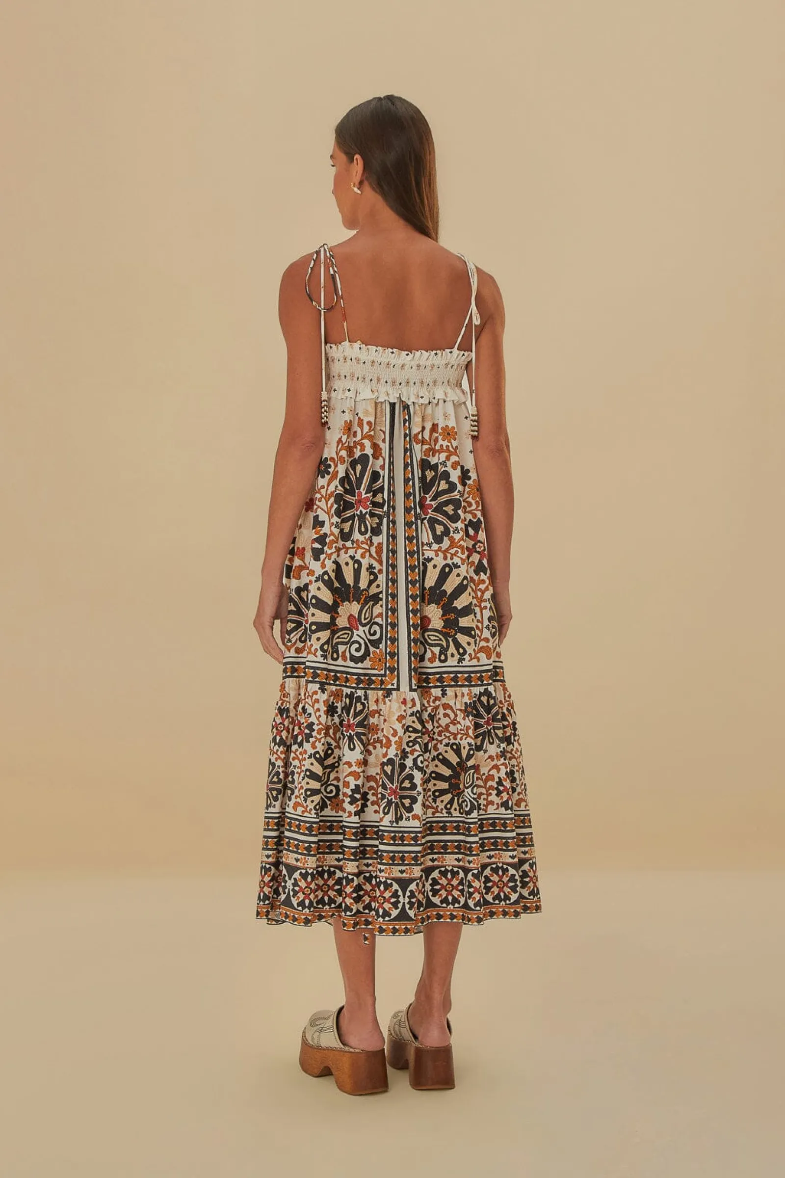 FLOWER FAN TAPESTRY OFF-WHITE MIDI DRESS