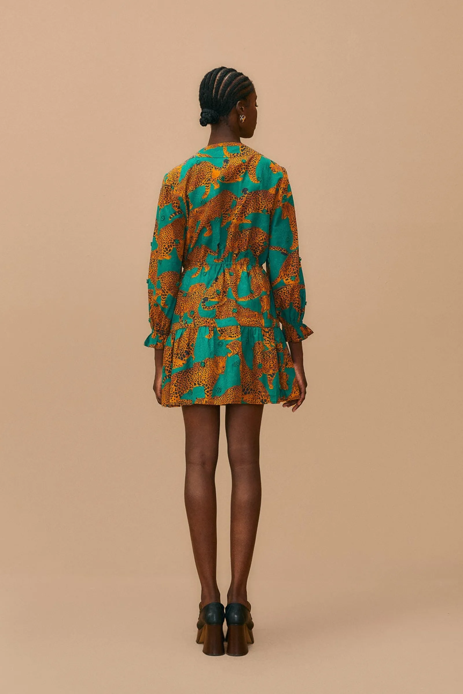 GREEN ARTSY LEOPARDS LONG SLEEVE MINI DRESS