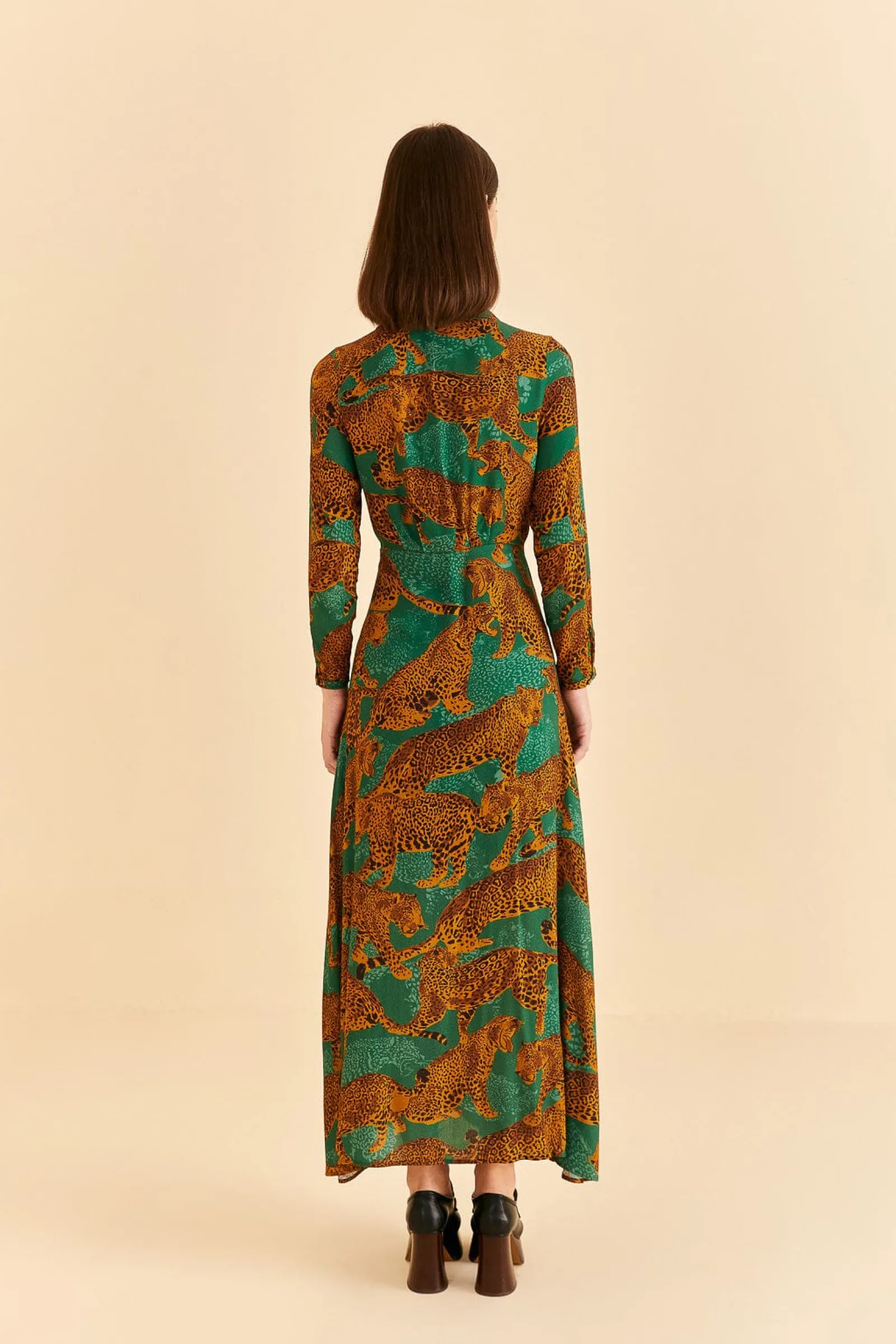 GREEN ARTSY LEOPARDS LONG SLEEVE MAXI DRESS