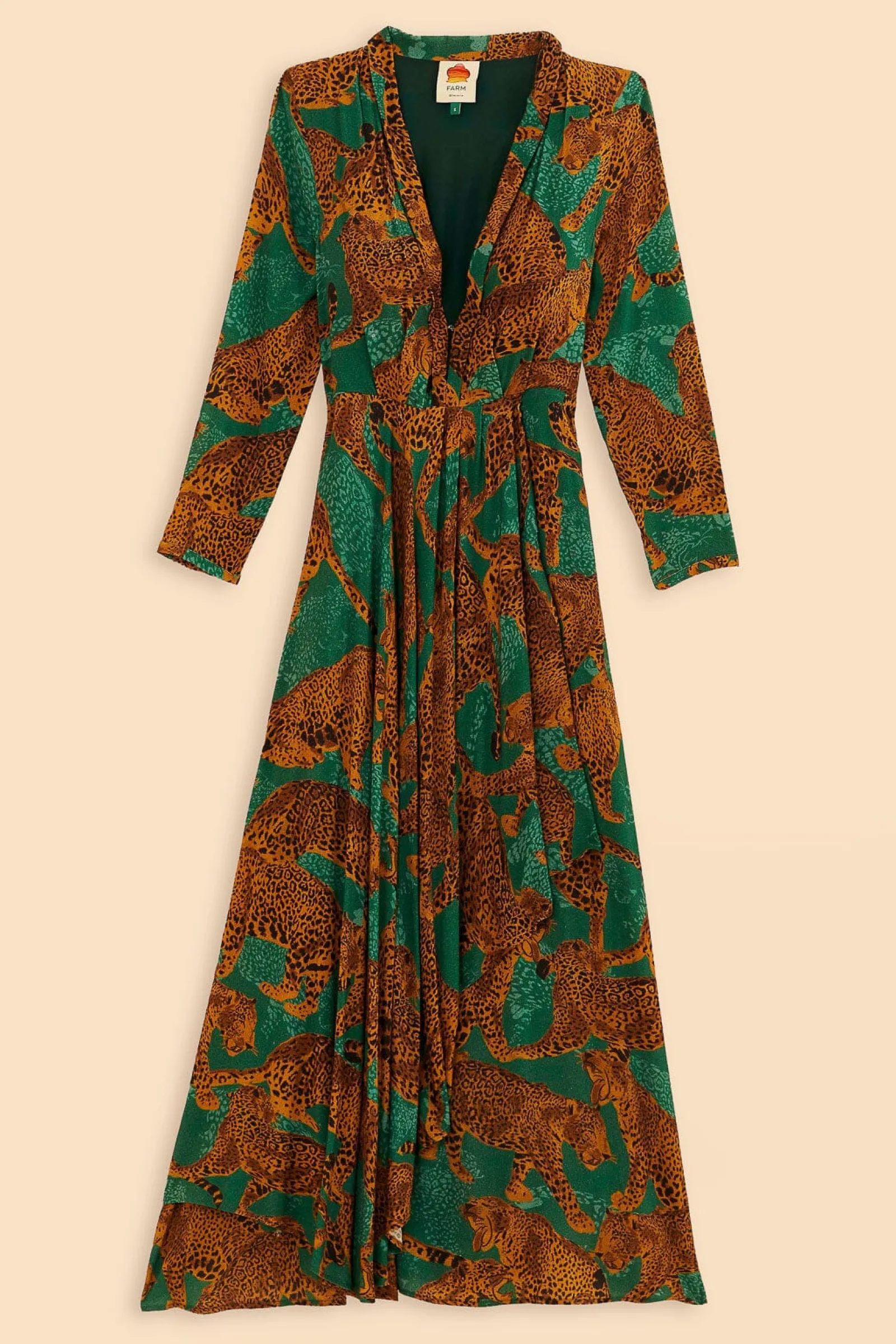 GREEN ARTSY LEOPARDS LONG SLEEVE MAXI DRESS