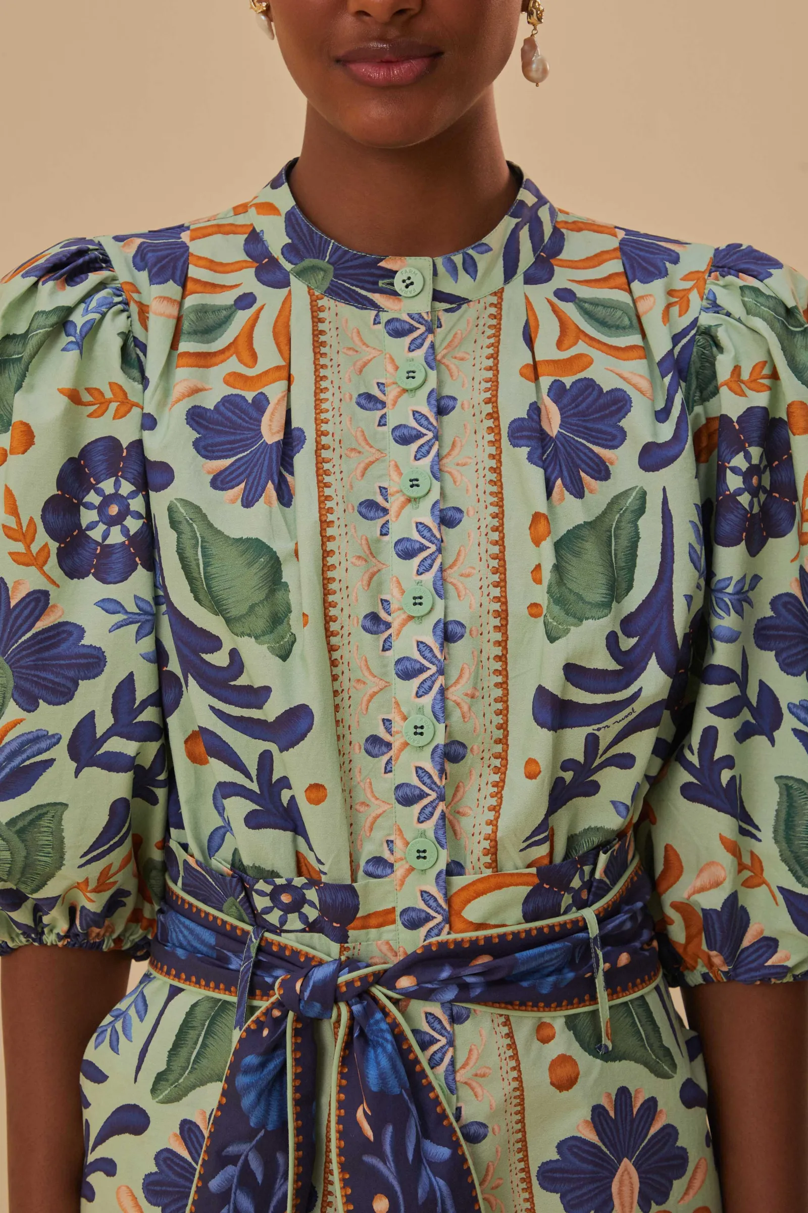 GREEN OCEAN TAPESTRY BELTED ROMPER