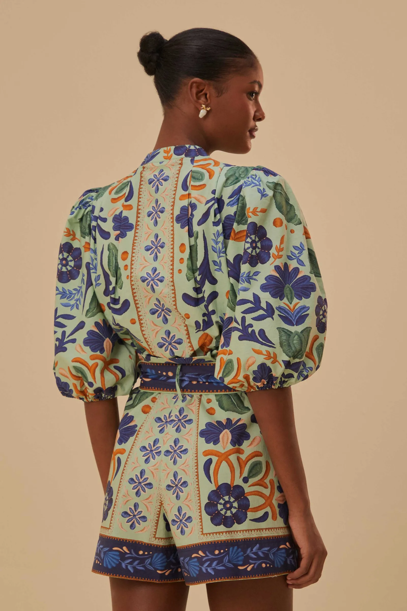 GREEN OCEAN TAPESTRY BELTED ROMPER