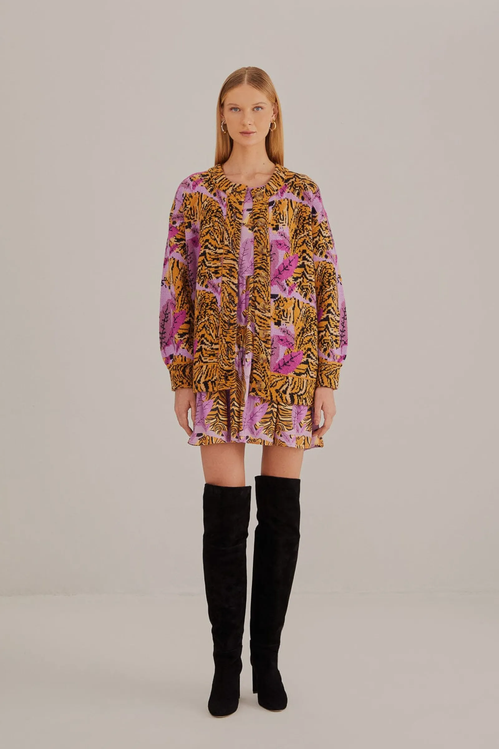 LAVENDER TIGER LEAVES KNIT CARDIGAN