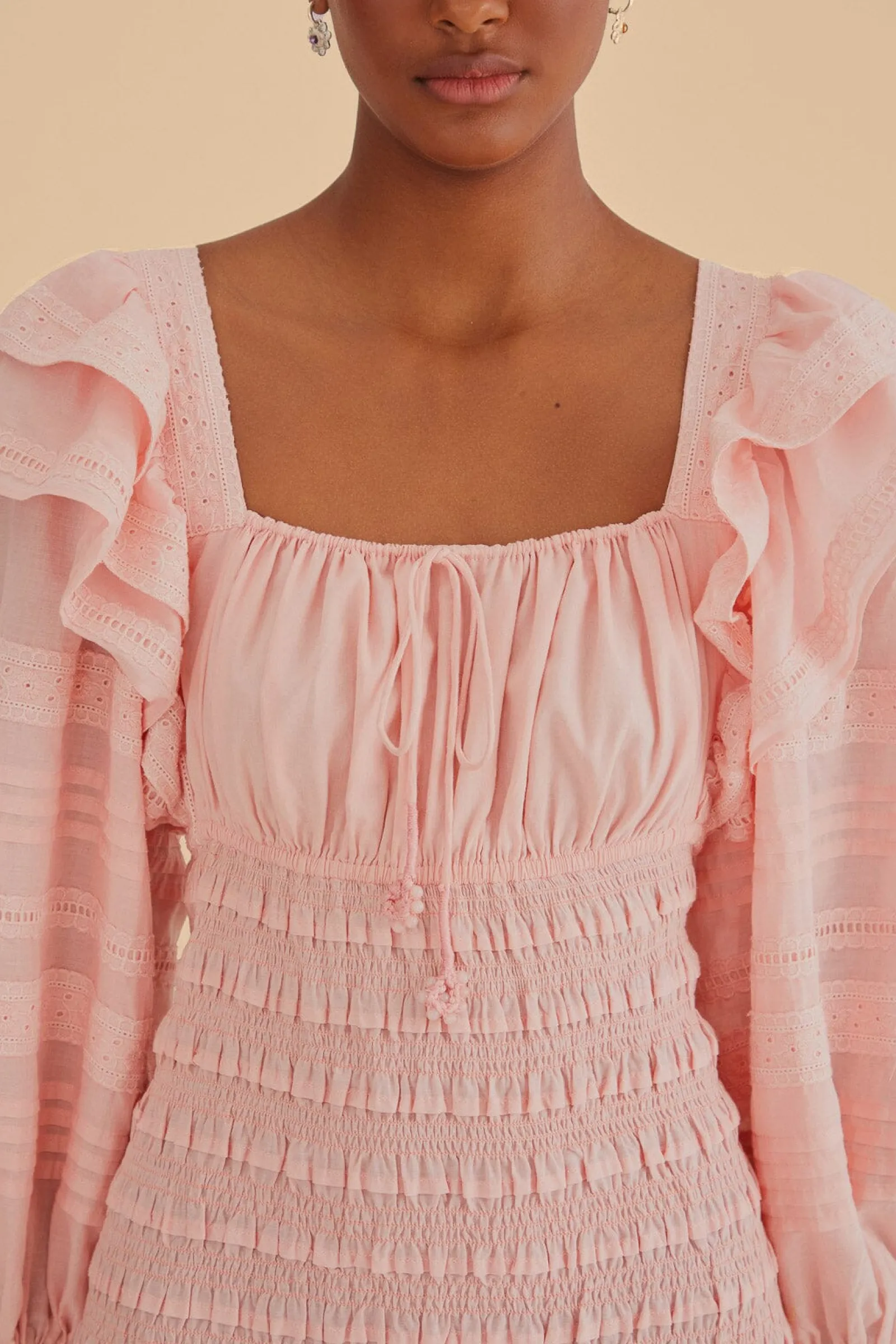 LIGHT PINK LONG SLEEVE SMOCKED MIDI DRESS