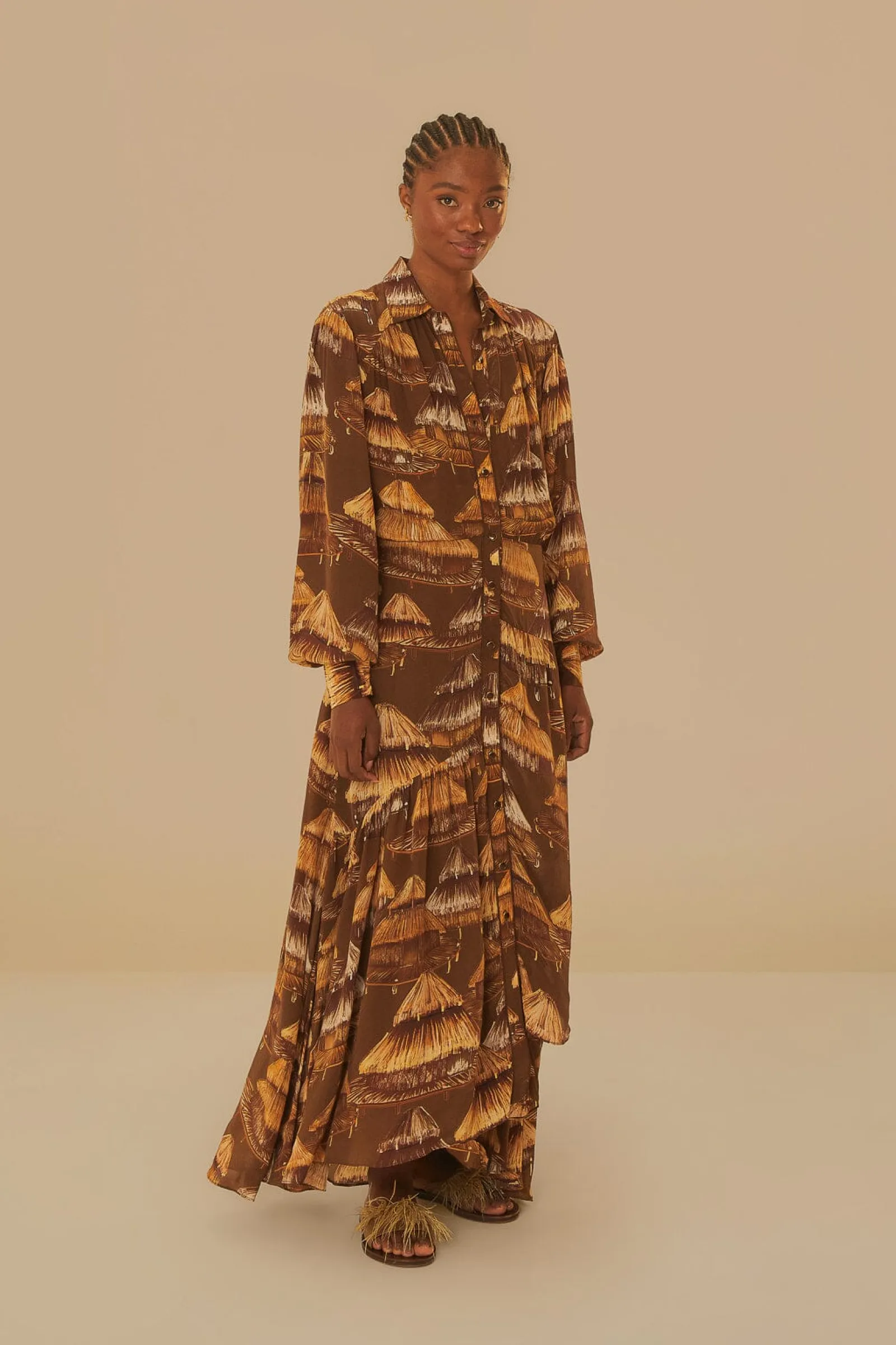  MALOCAS BEIGE LONG SLEEVE MIDI DRESS