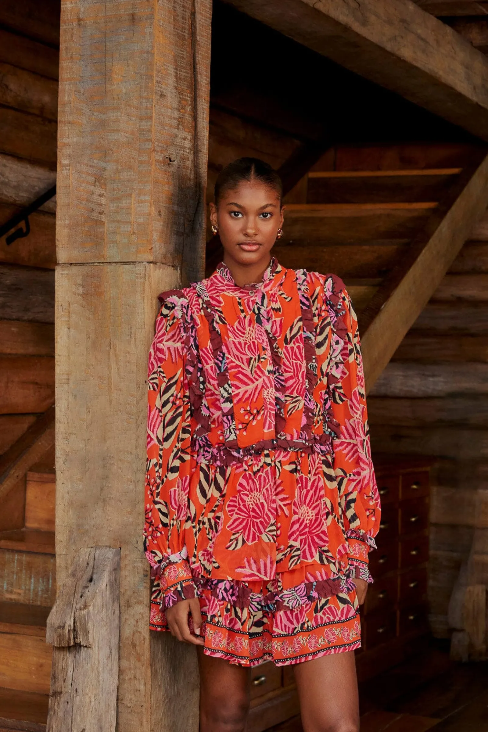 MIXED FLORAL RUFFLE MINI DRESS