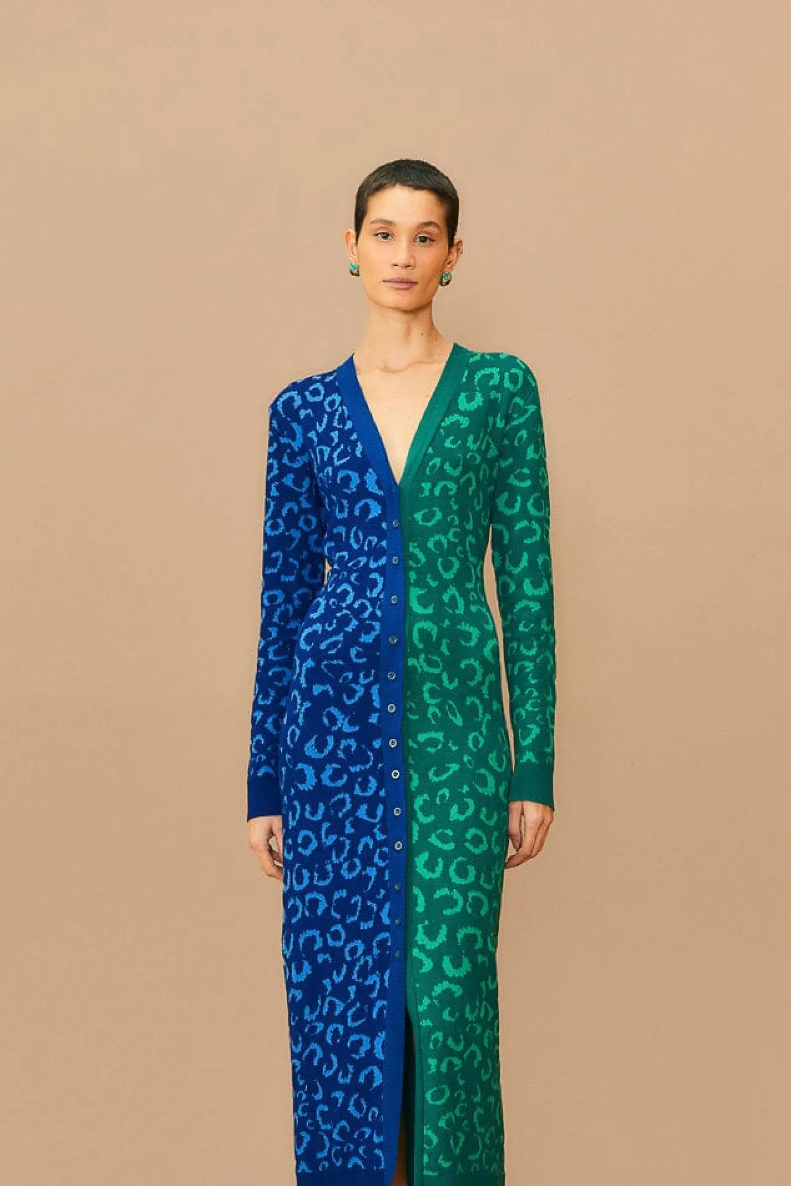 MIXED LEOPARDS KNIT MIDI CARDIGAN DRESS