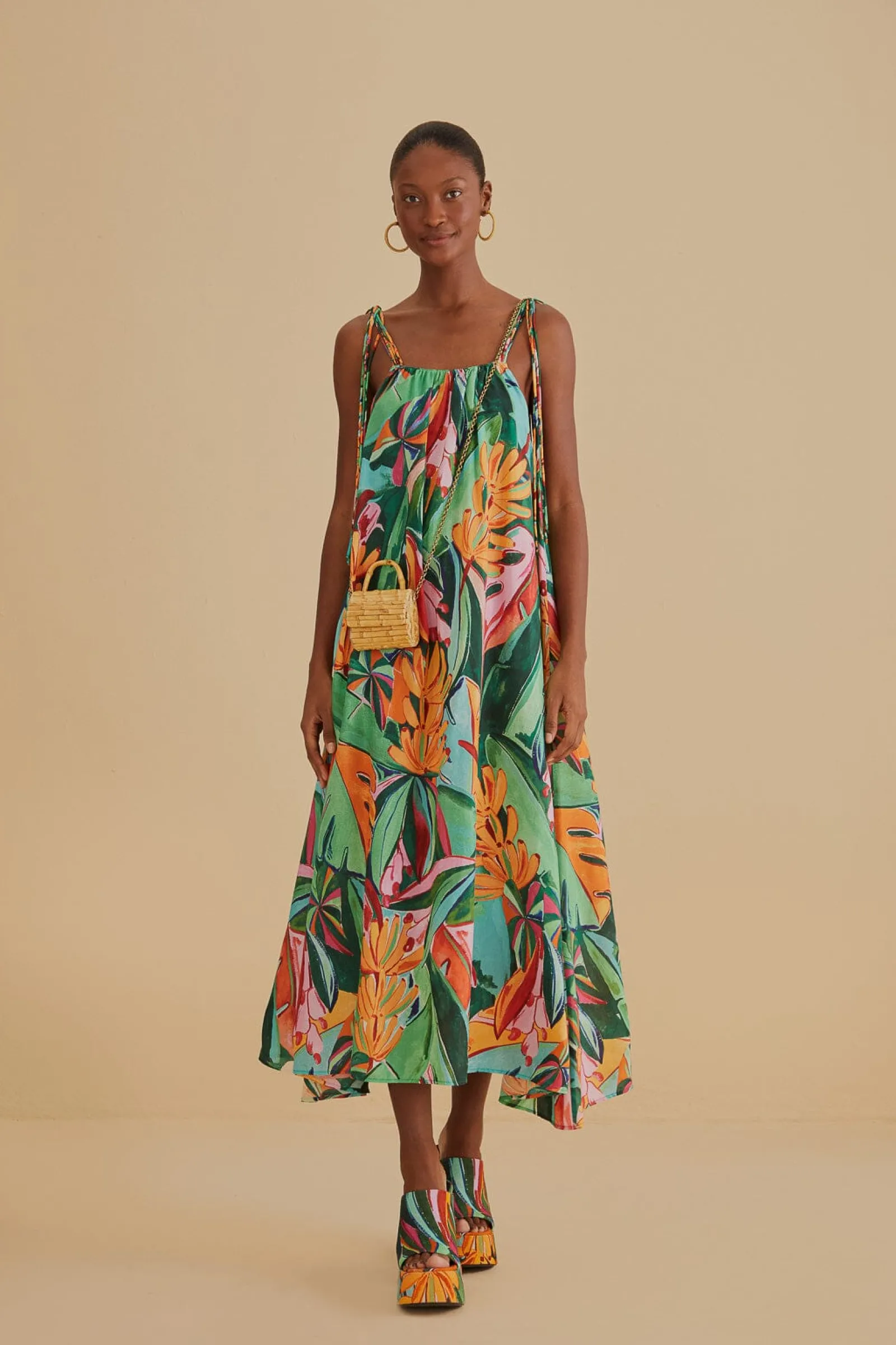  MULTICOLOR BANANA FOLIAGE SLEEVELESS MIDI DRESS