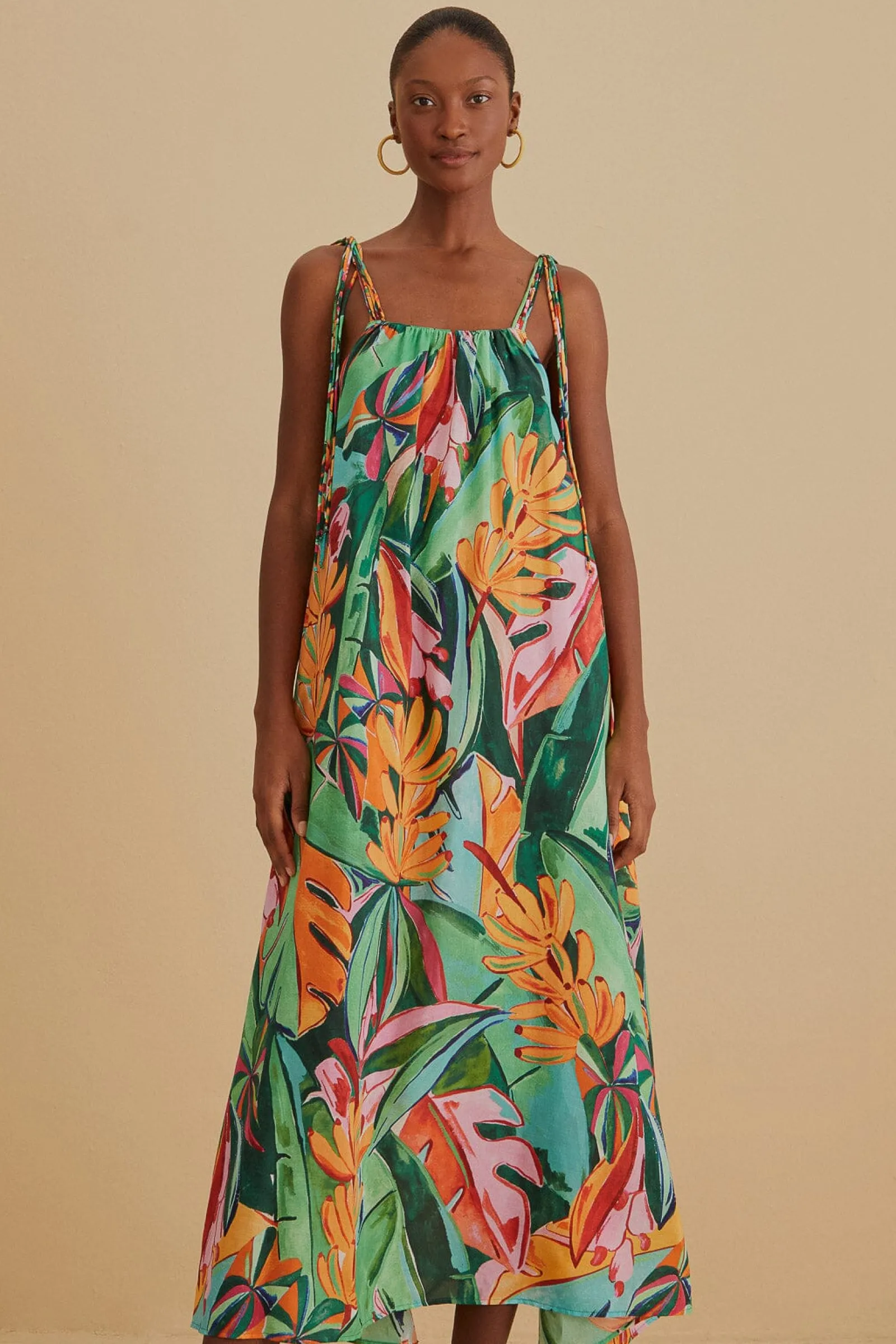 MULTICOLOR BANANA FOLIAGE SLEEVELESS MIDI DRESS