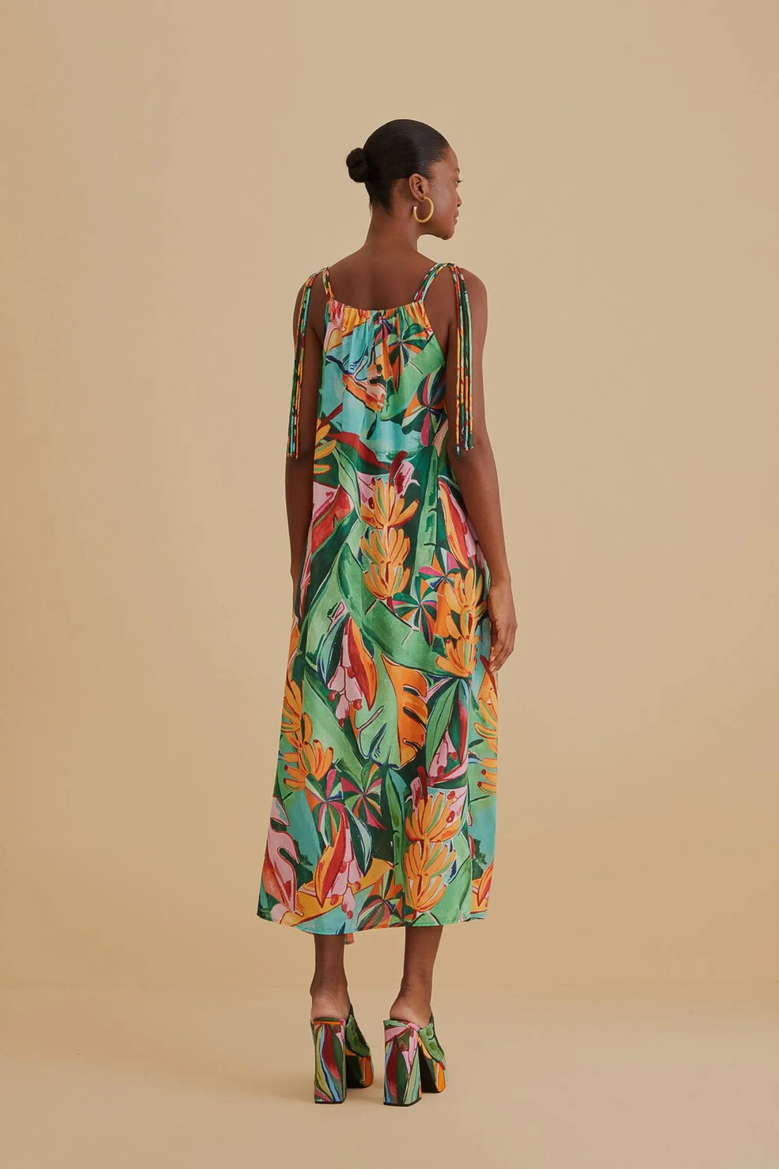 MULTICOLOR BANANA FOLIAGE SLEEVELESS MIDI DRESS