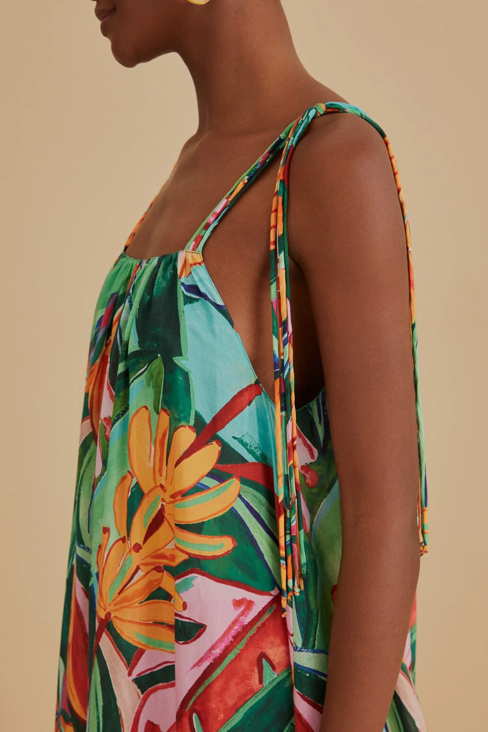 MULTICOLOR BANANA FOLIAGE SLEEVELESS MIDI DRESS