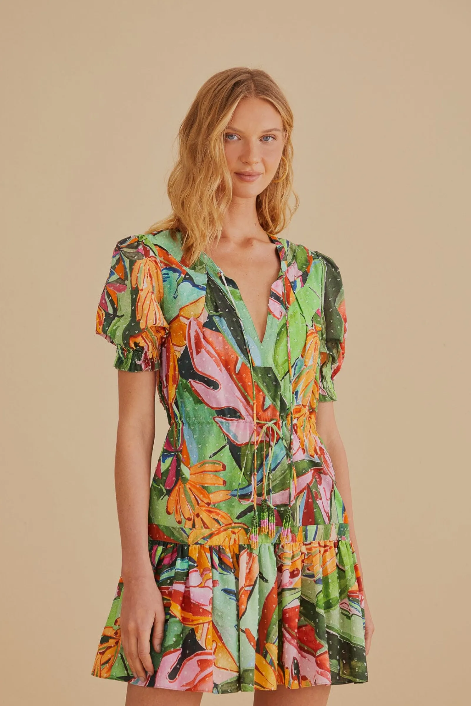  MULTICOLOR BANANA FOLIAGE SHORT SLEEVE MINI DRESS