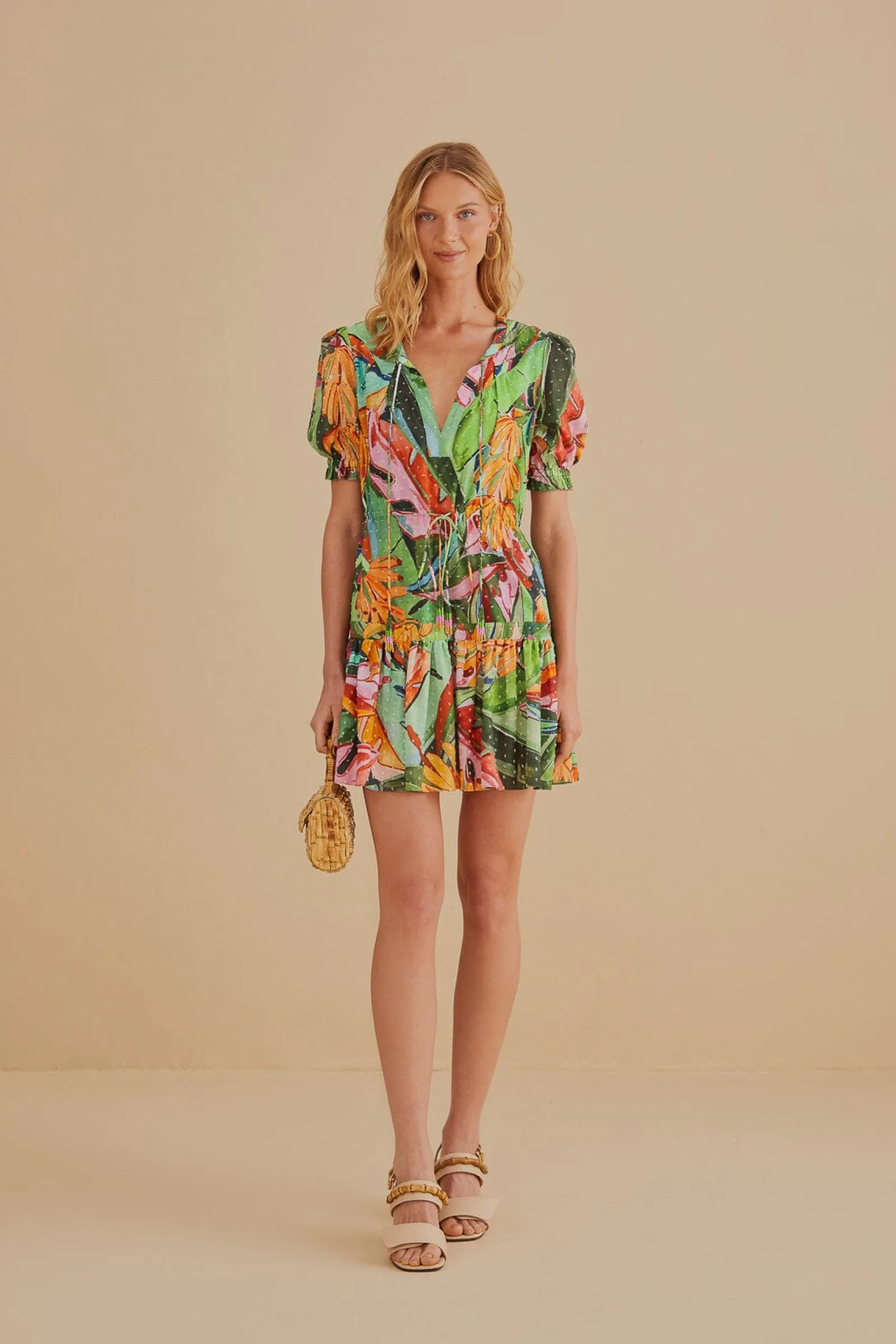 MULTICOLOR BANANA FOLIAGE SHORT SLEEVE MINI DRESS
