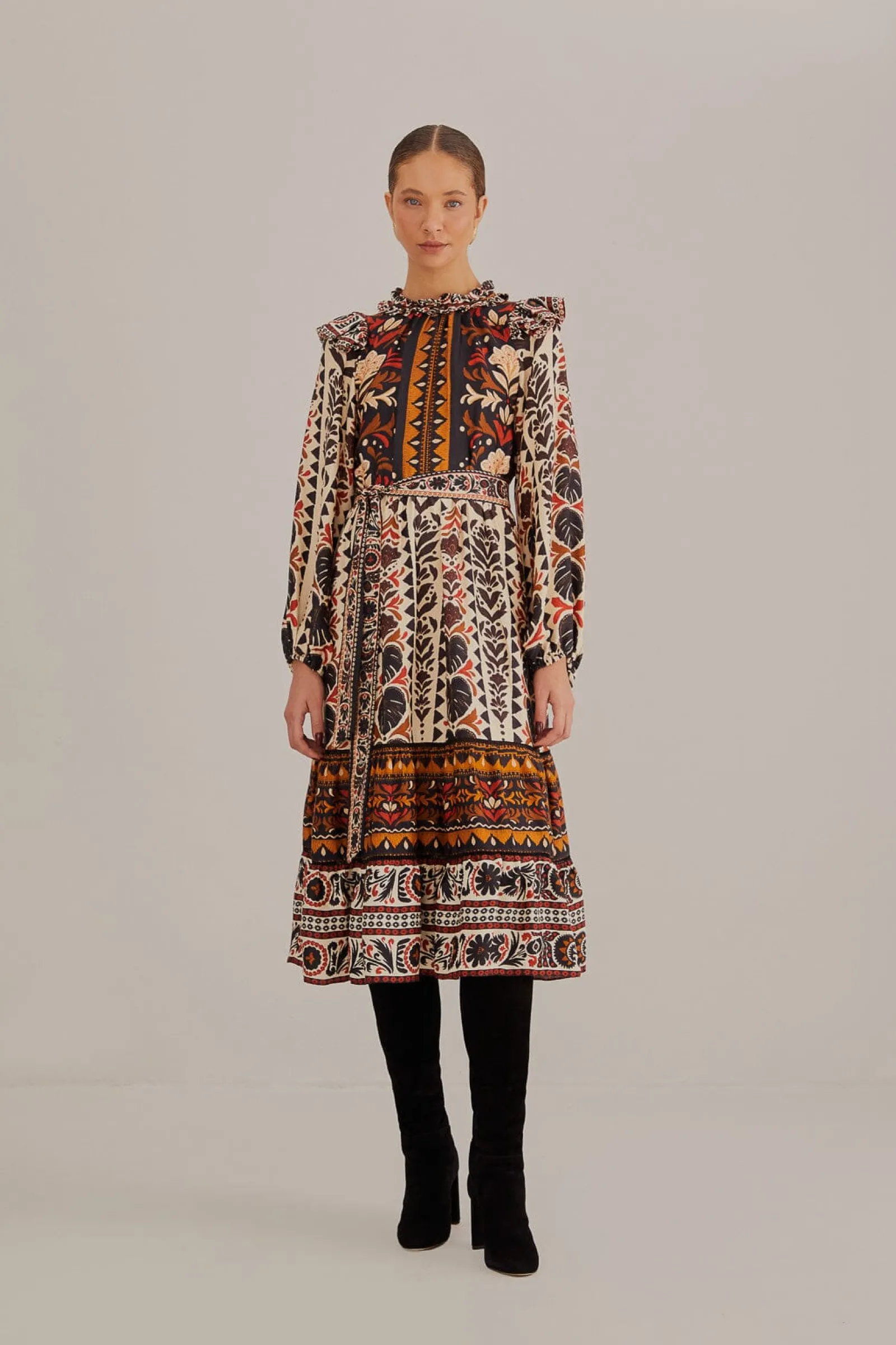  MULTICOLOR TAPESTRY GARDEN HIGH NECK MIDI DRESS