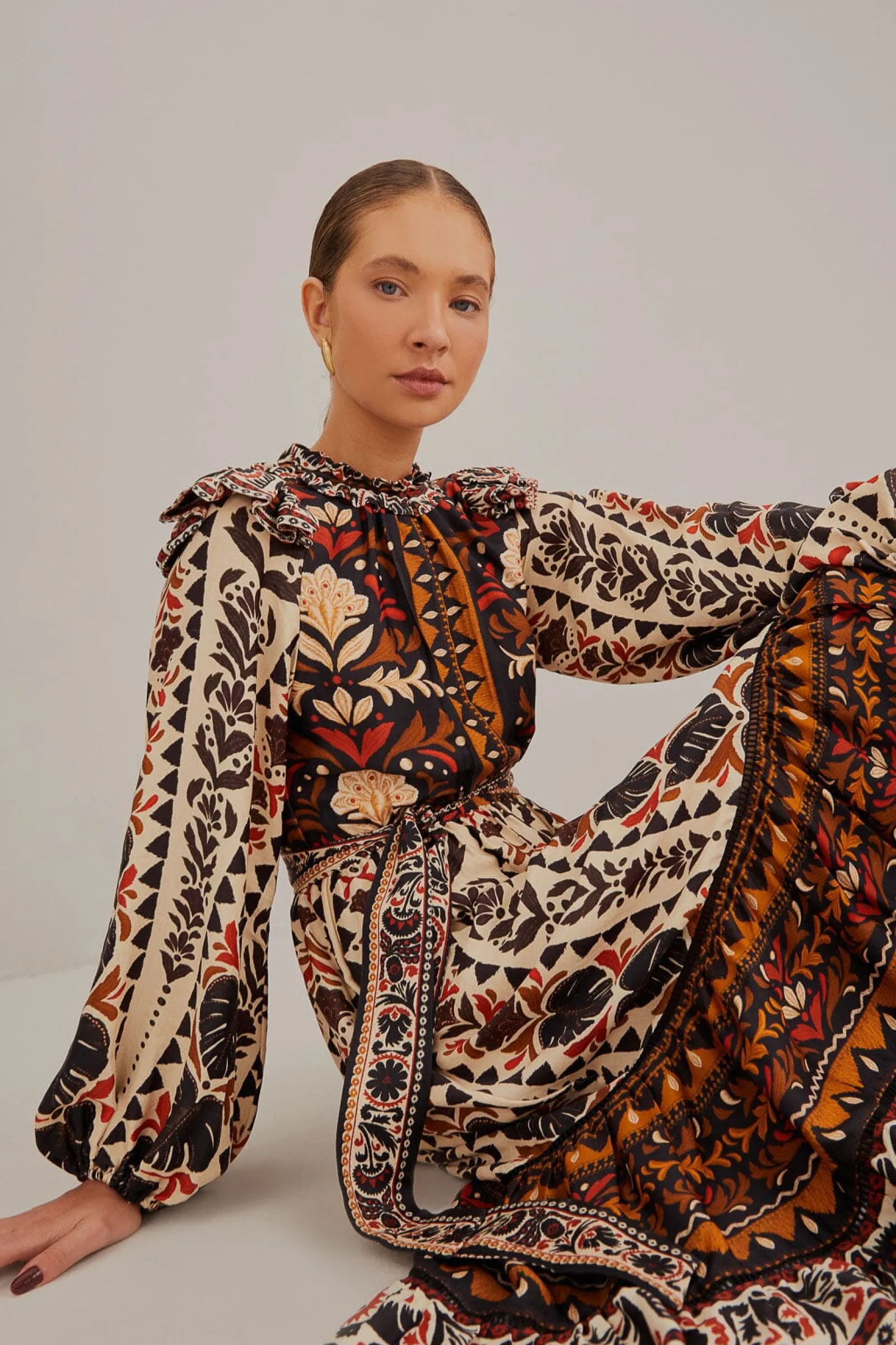 MULTICOLOR TAPESTRY GARDEN HIGH NECK MIDI DRESS