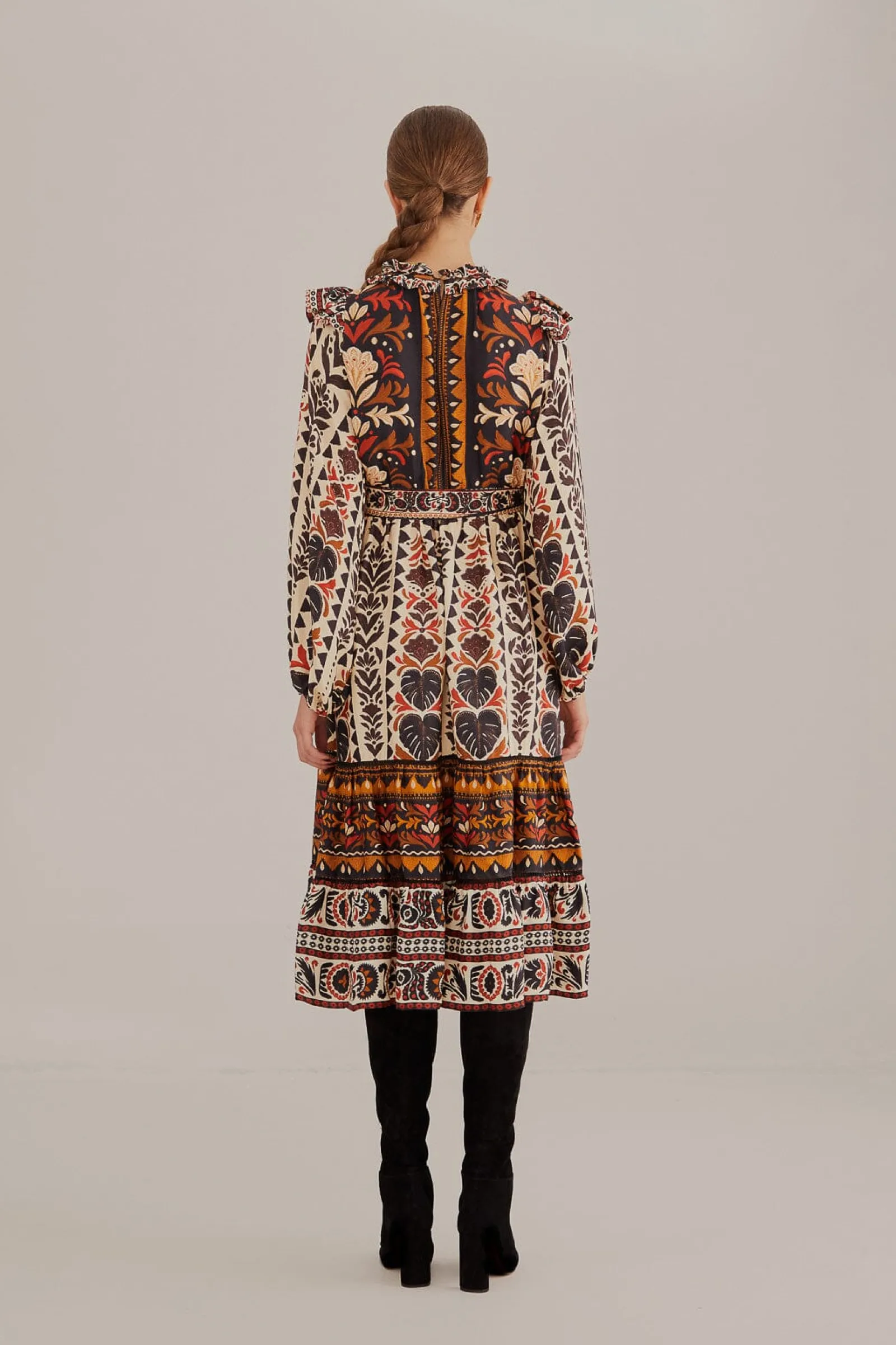 MULTICOLOR TAPESTRY GARDEN HIGH NECK MIDI DRESS