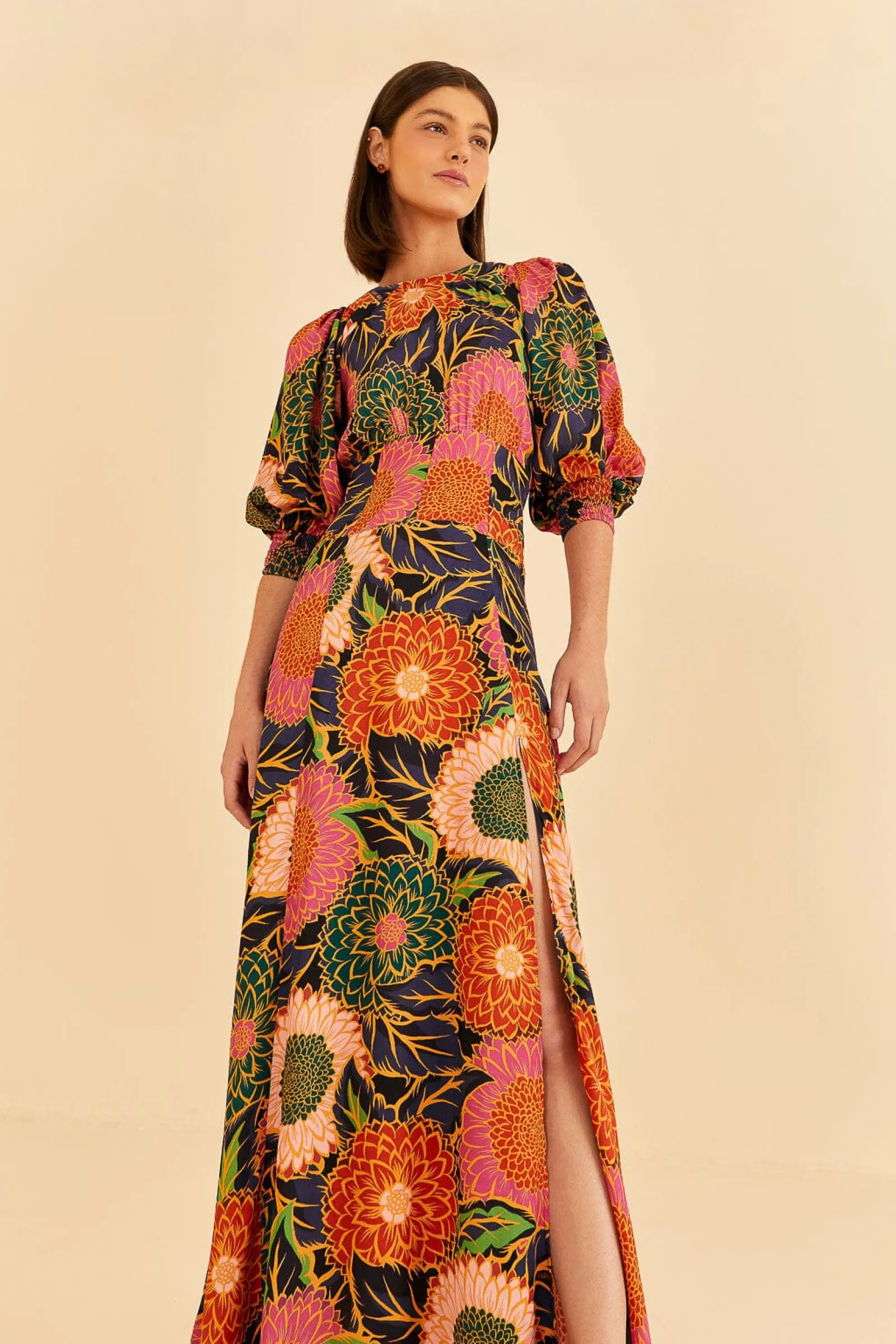 MULTICOLOR VINTAGE GARDEN PUFF SLEEVE MAXI DRESS