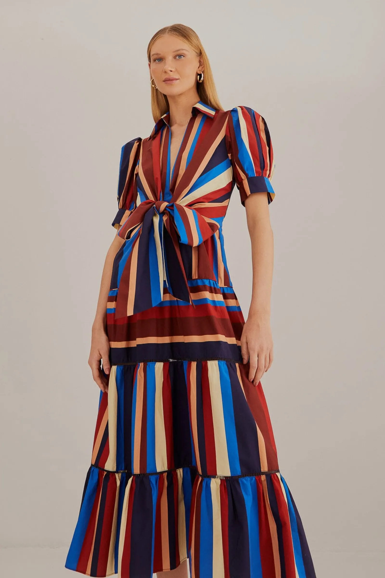  MULTICOLOR WINTER STRIPES SHORT SLEEVE MIDI DRESS
