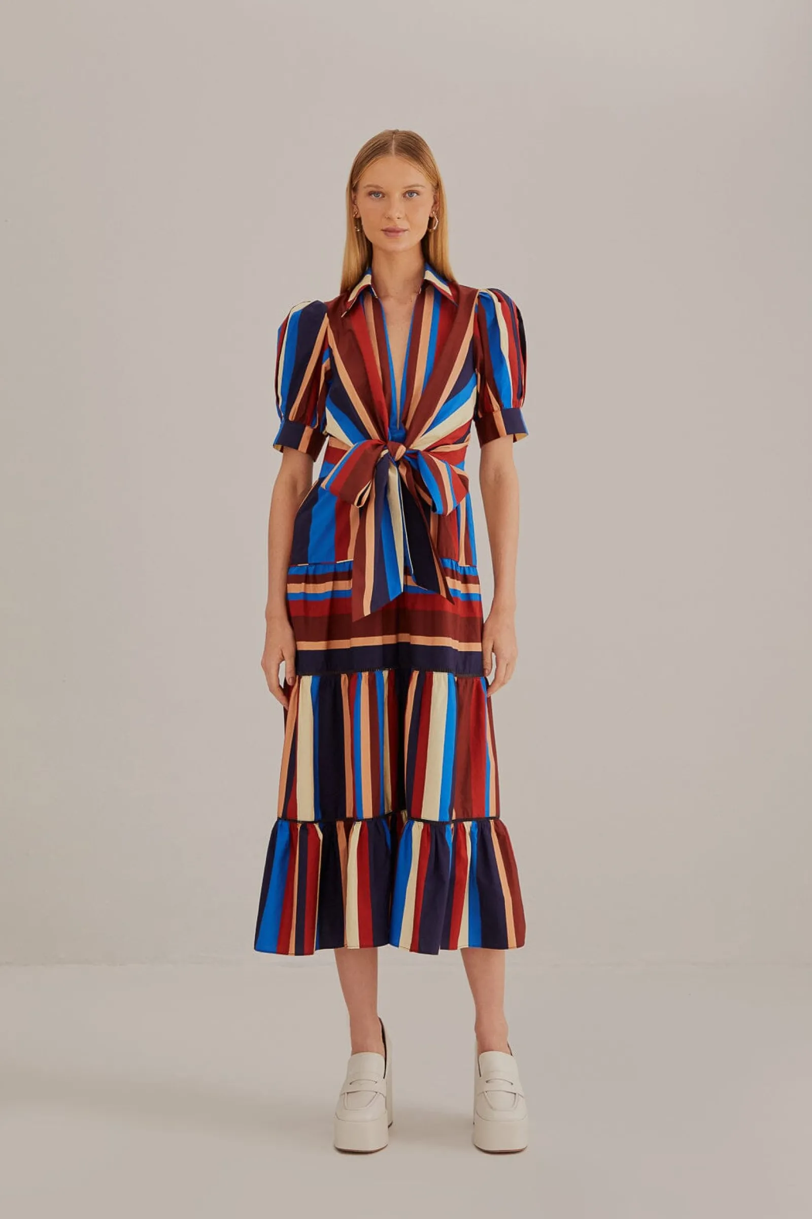  MULTICOLOR WINTER STRIPES SHORT SLEEVE MIDI DRESS