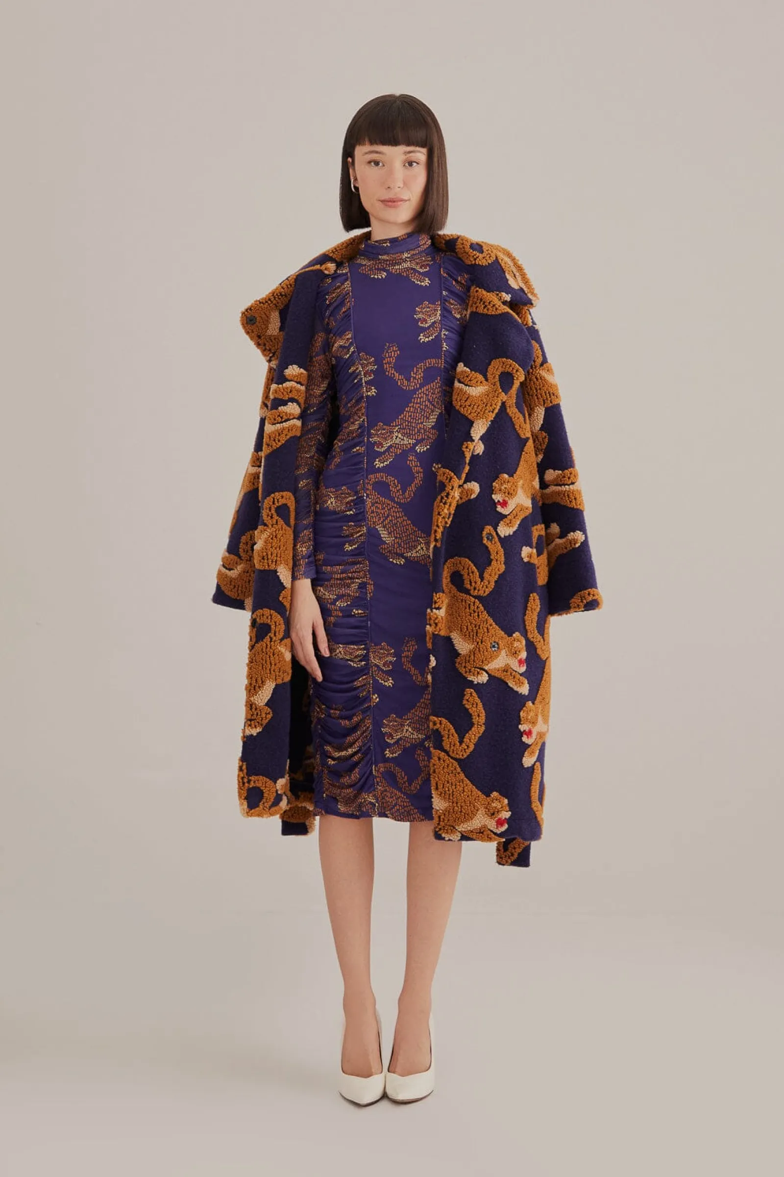 NAVY BLUE LEOPARDS HIGH NECK MIDI DRESS