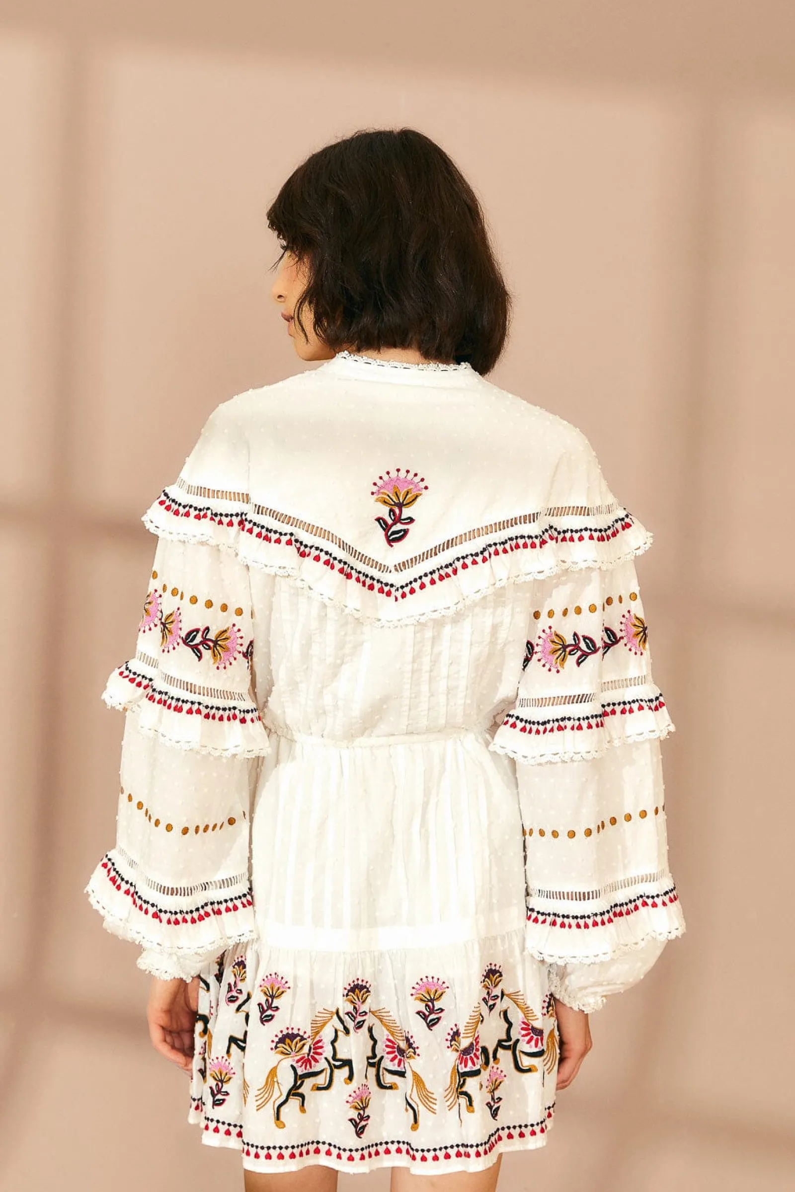 OFF-WHITE EMBROIDERED HORSES RUFFLE MINI DRESS