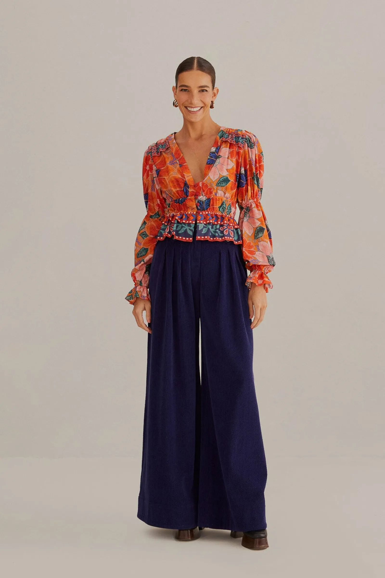 ORANGE MARIAS FLORAL LONG SLEEVE BLOUSE