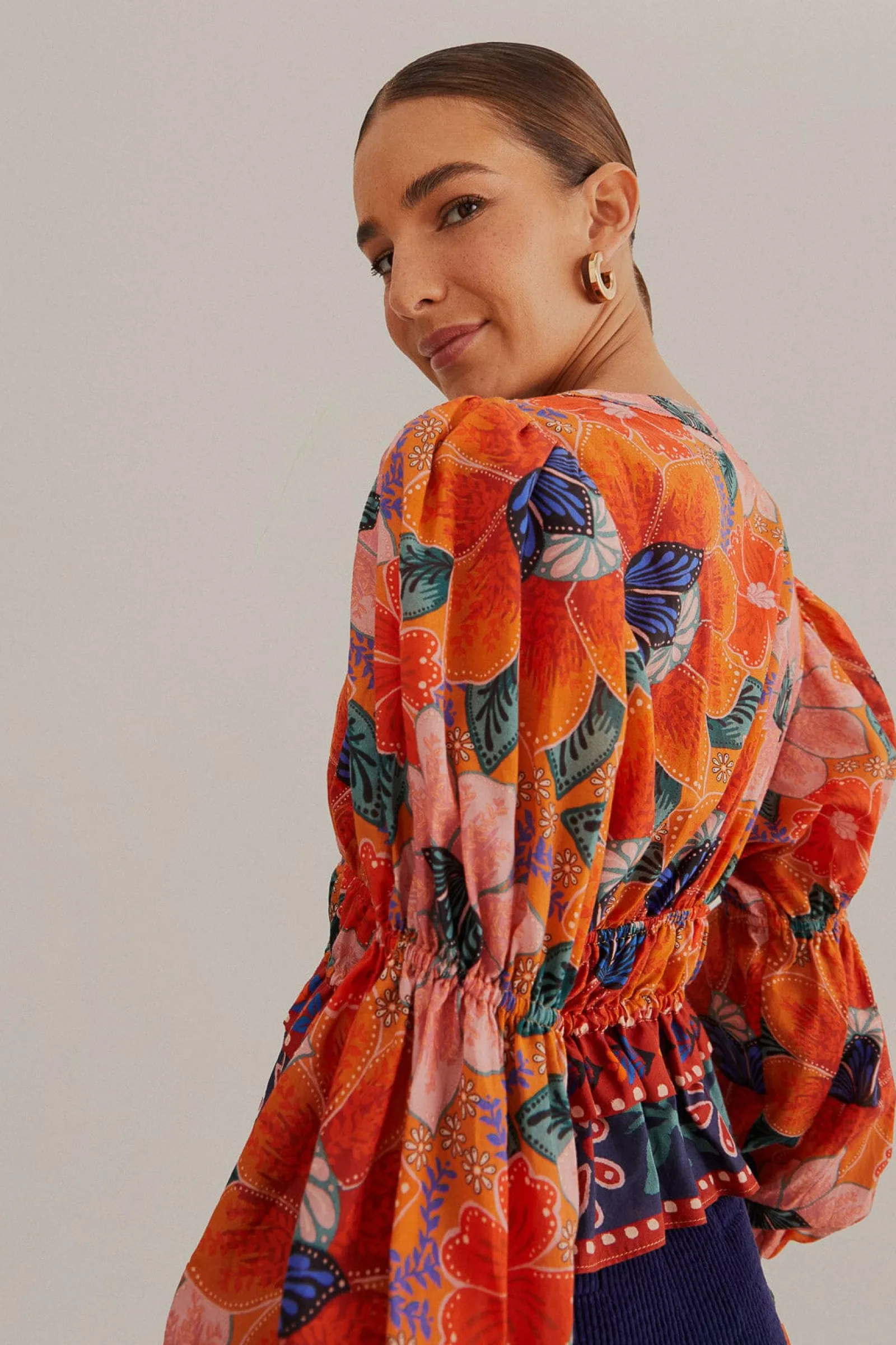 ORANGE MARIAS FLORAL LONG SLEEVE BLOUSE