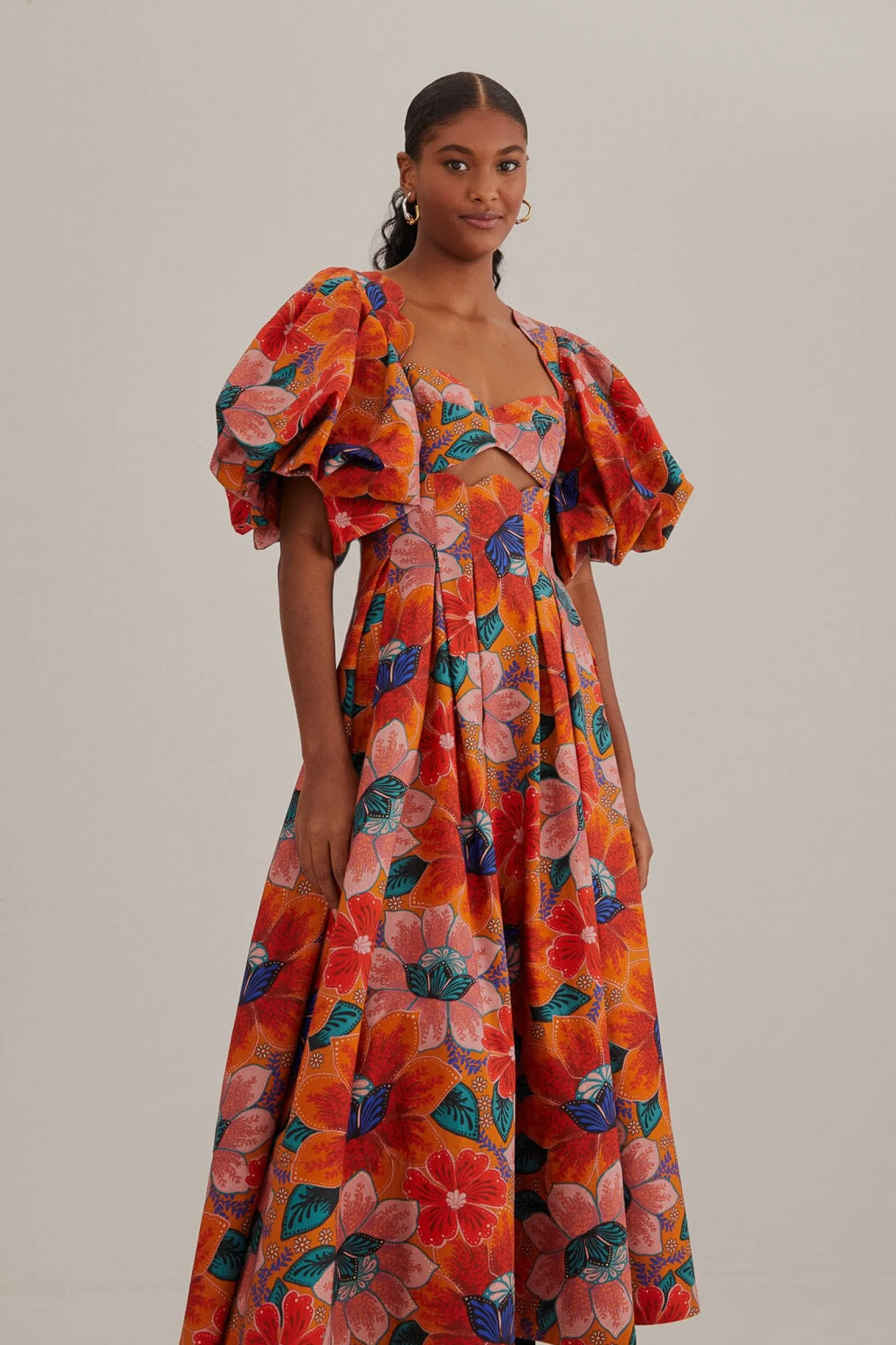 ORANGE MARIAS FLORAL CUT-OUT MIDI DRESS