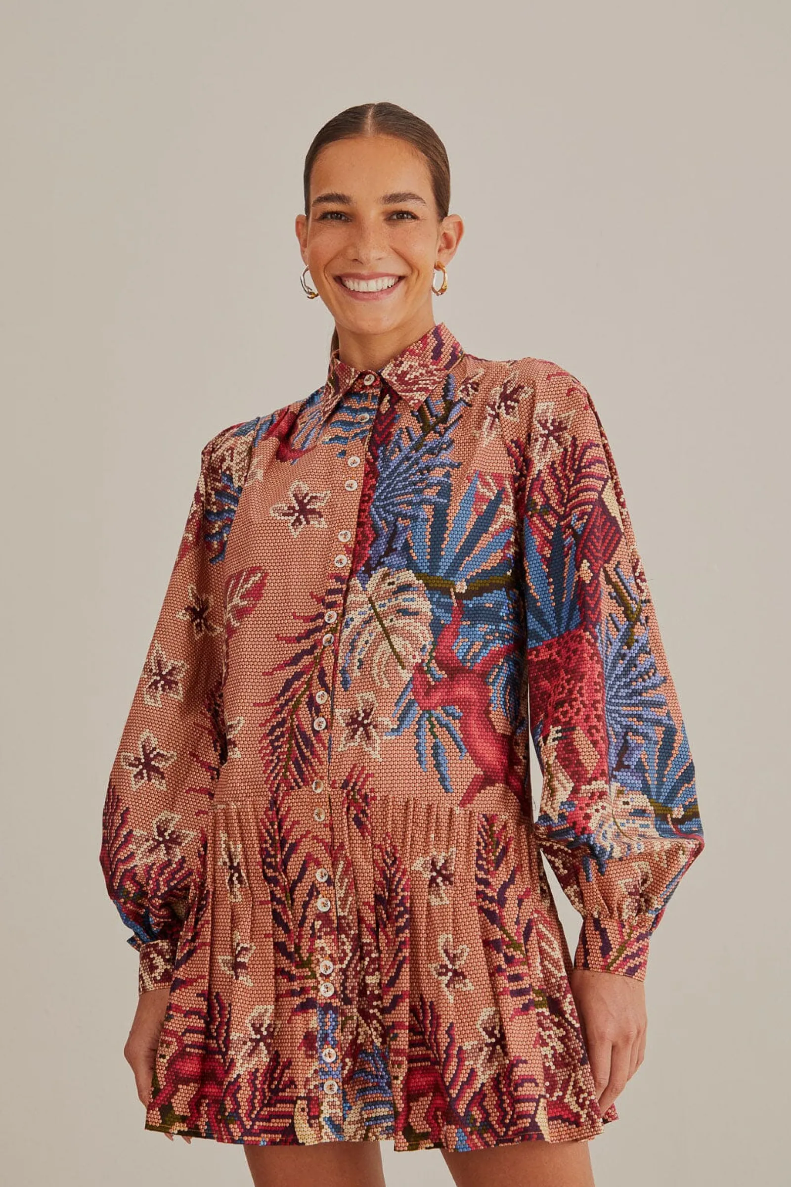  PINK BEADED FOREST LONG SLEEVE MINI DRESS