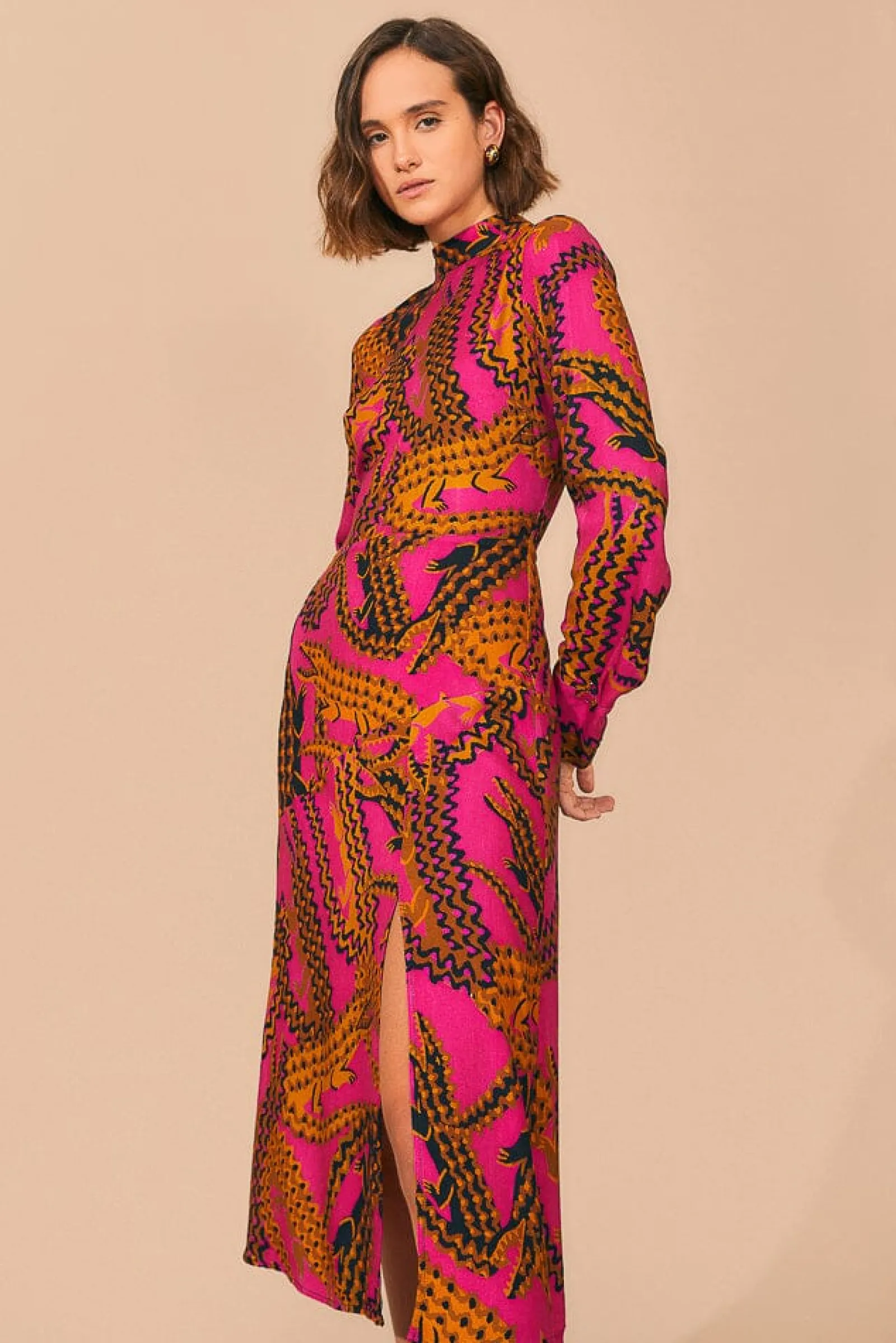 PINK CROCO LENZING™ ECOVERO™ VISCOSE SLIT MIDI DRESS