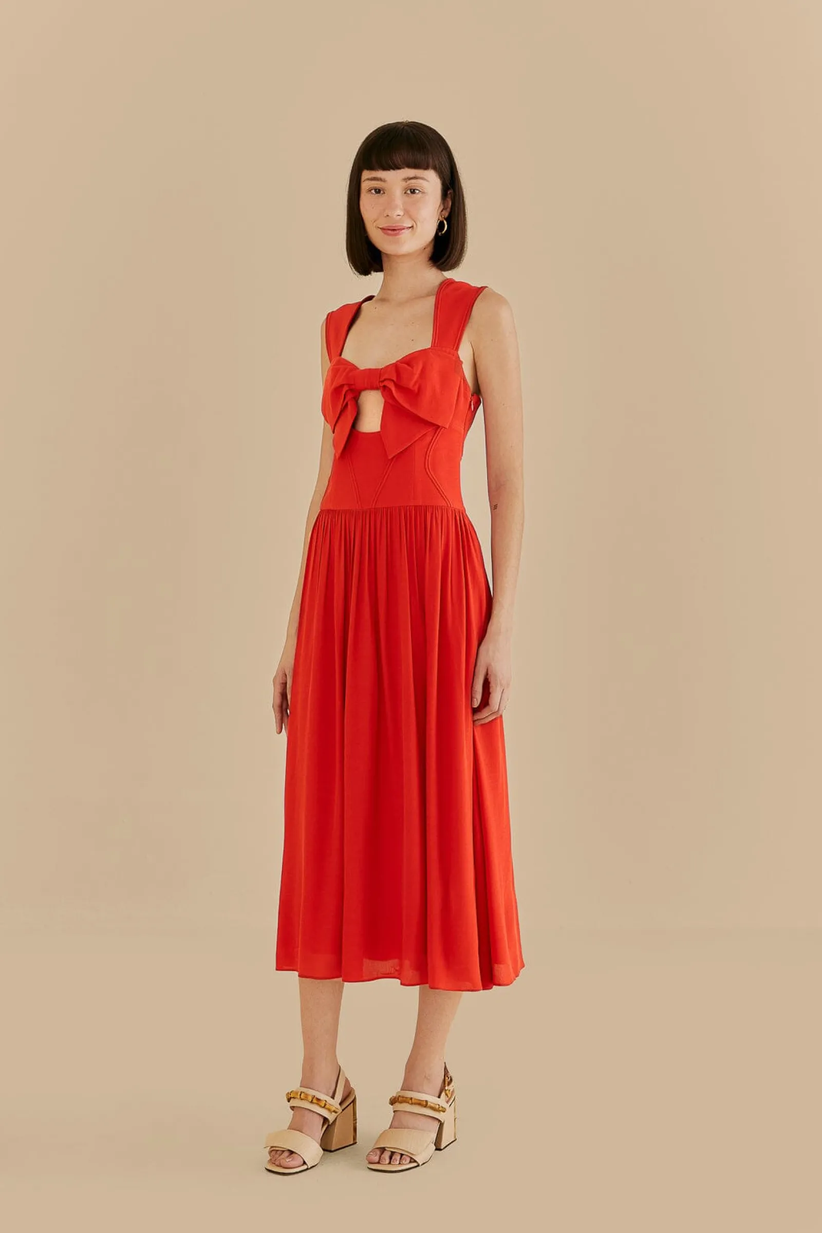 RED BOW SLEEVELESS MIDI DRESS