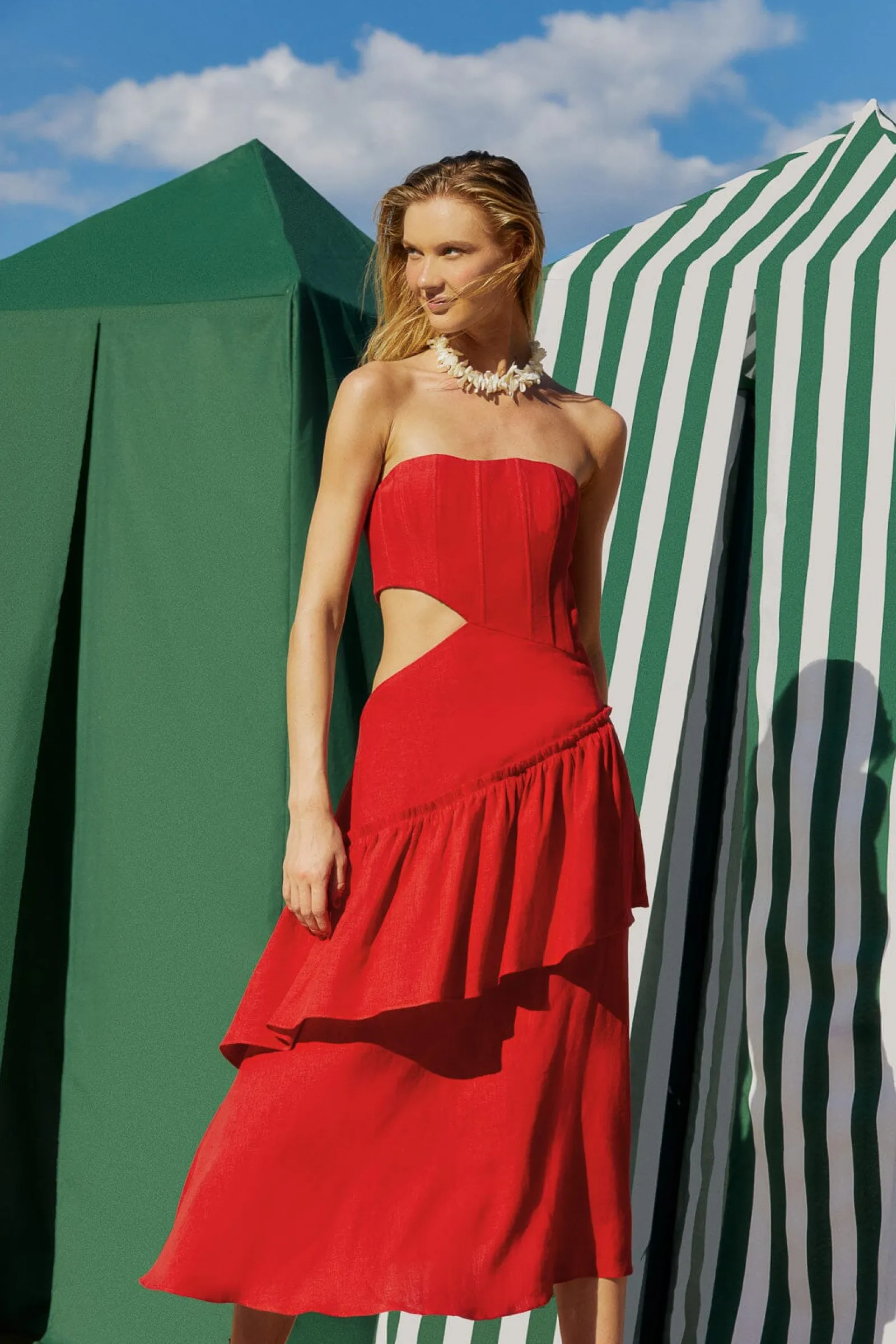 RED CUT OUT STRAPLESS MIDI DRESS