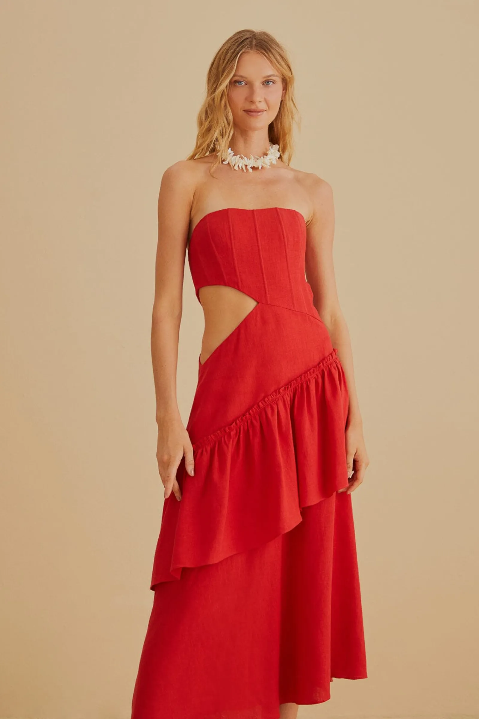 RED CUT OUT STRAPLESS MIDI DRESS
