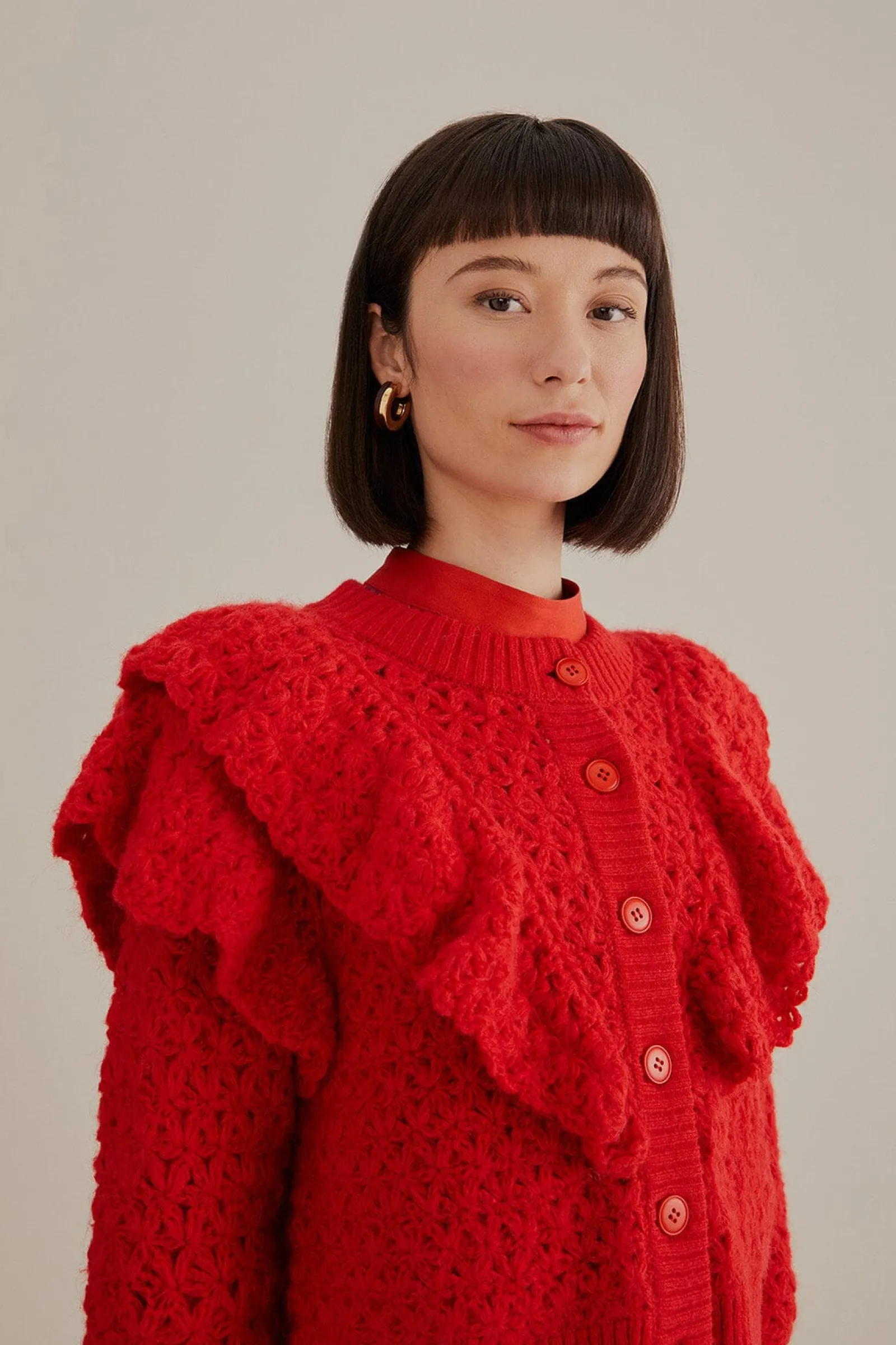  RED FLOWER TEXTURE KNIT CARDIGAN