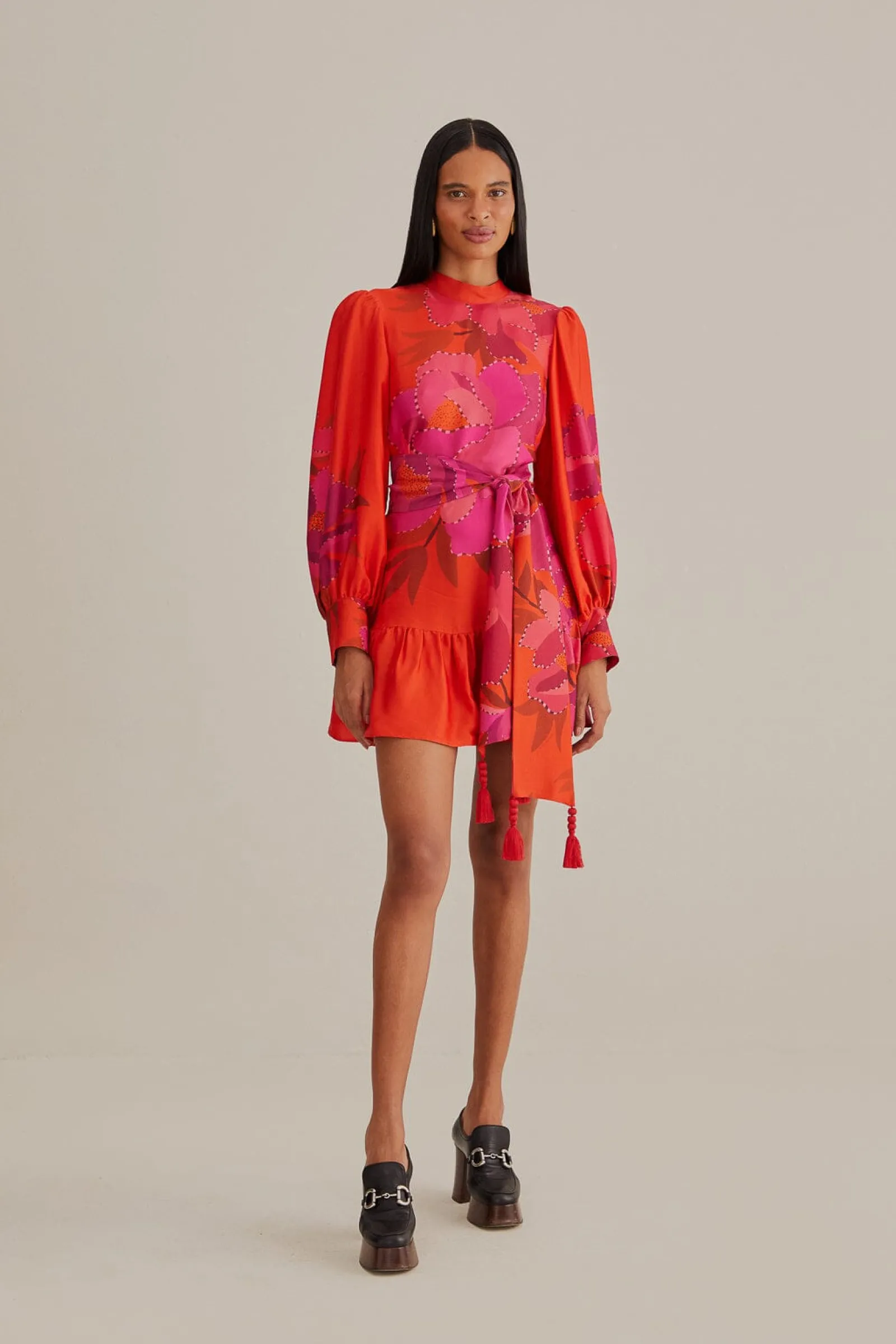 RED PEONY LONG SLEEVE MINI DRESS