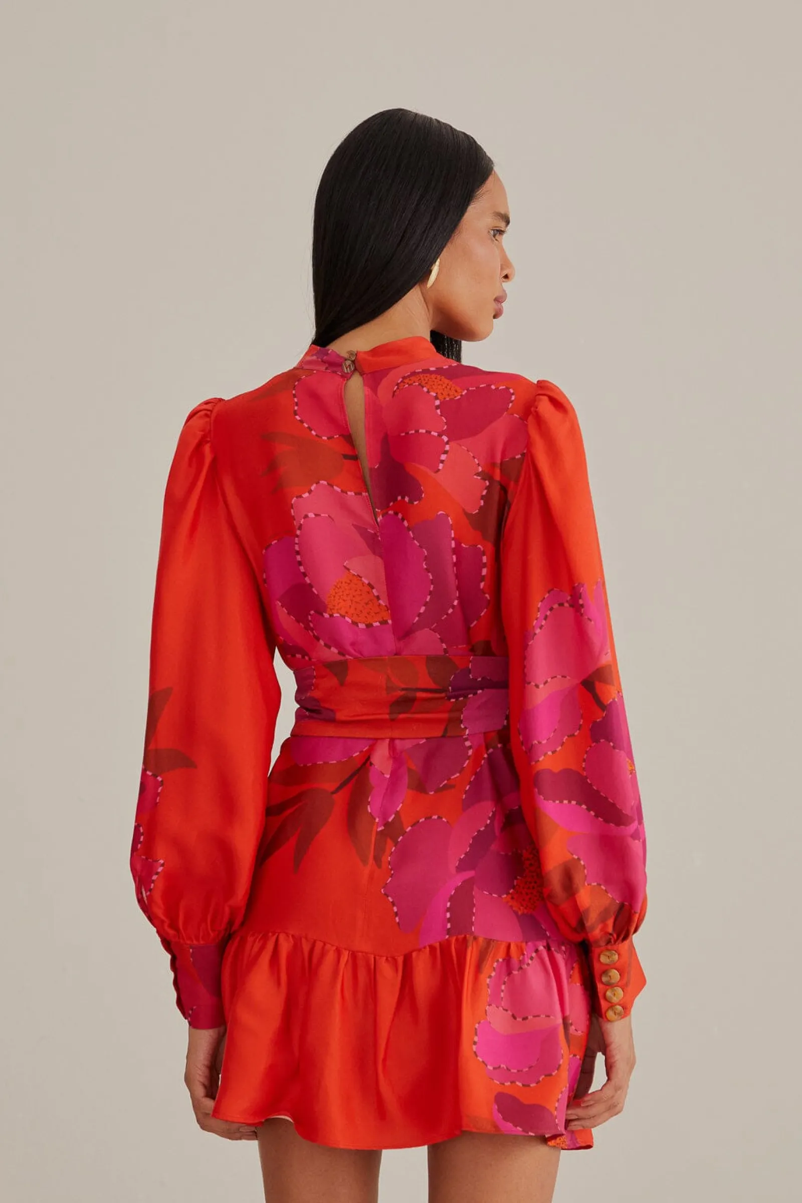 RED PEONY LONG SLEEVE MINI DRESS