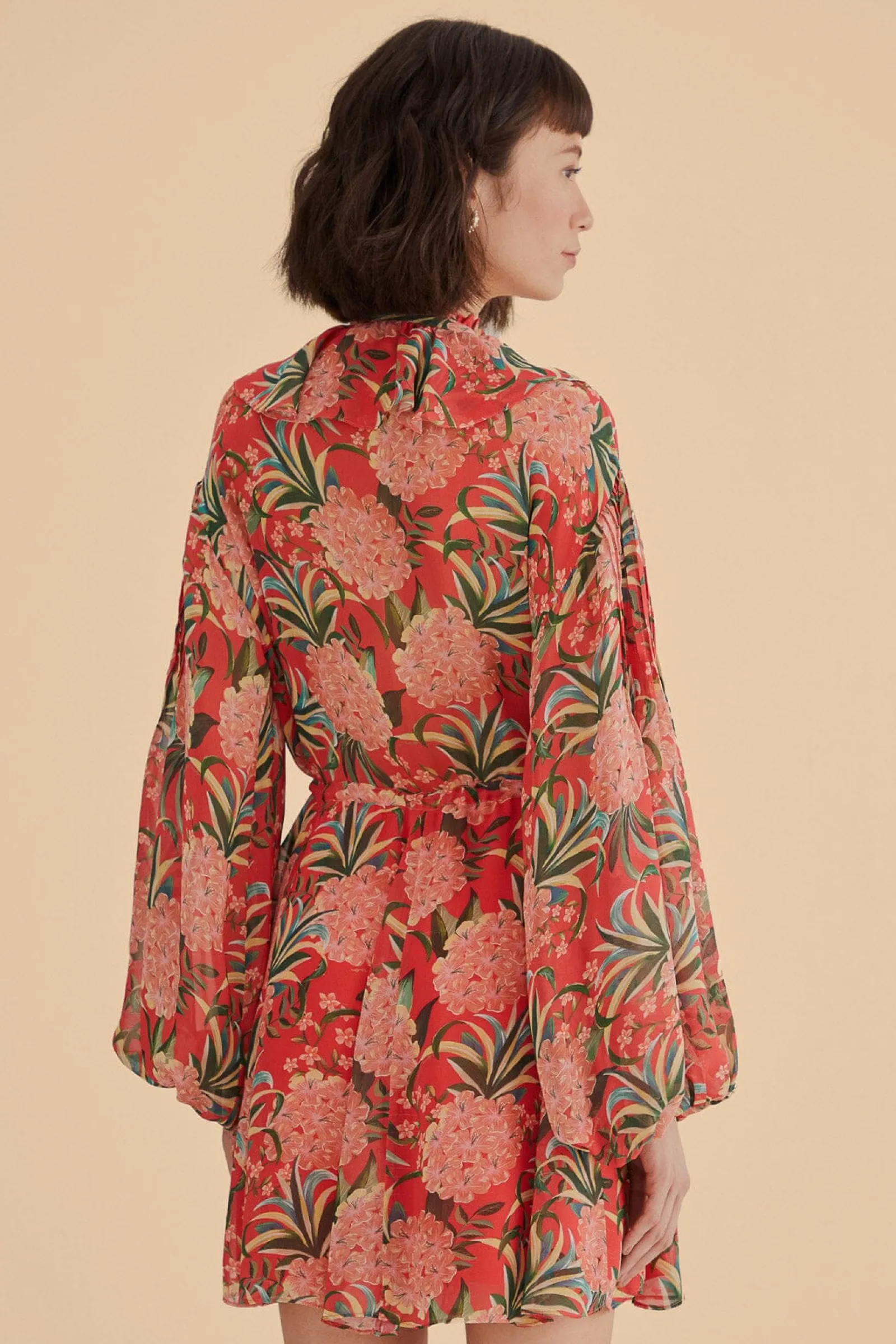 RED PINEAPPLE BLOOM V NECK MINI DRESS