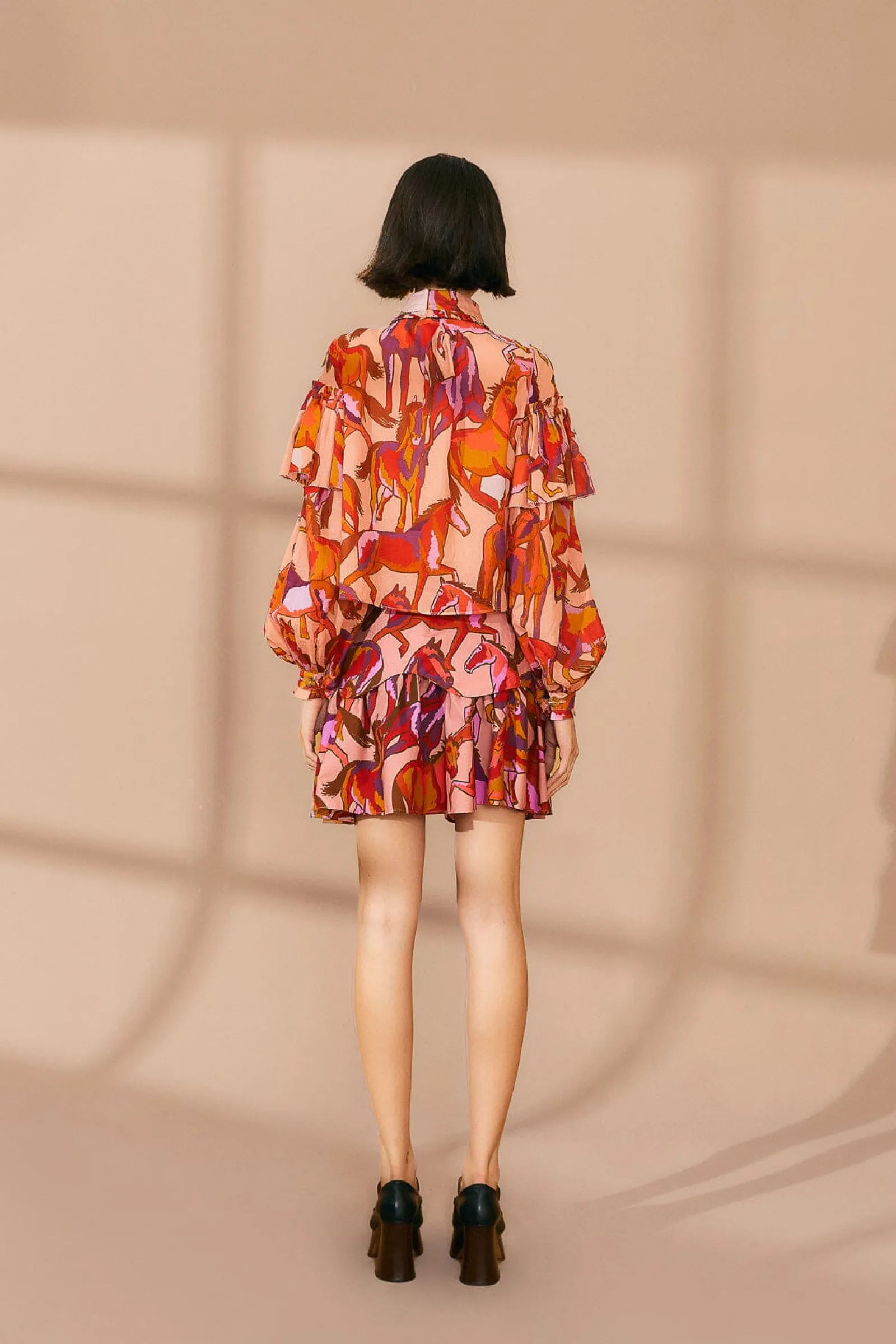 ROSE WILD HORSES BOW NECK TIE BLOUSE