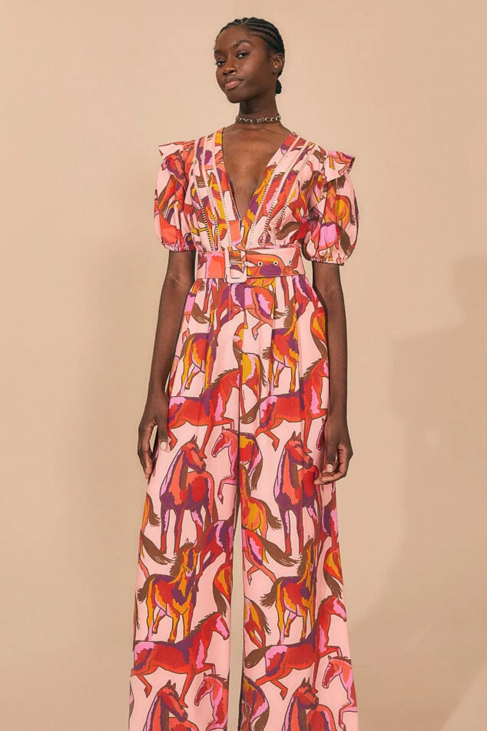  ROSE WILD HORSES PLEATED SHORT SLEEVE JUMPSUIT